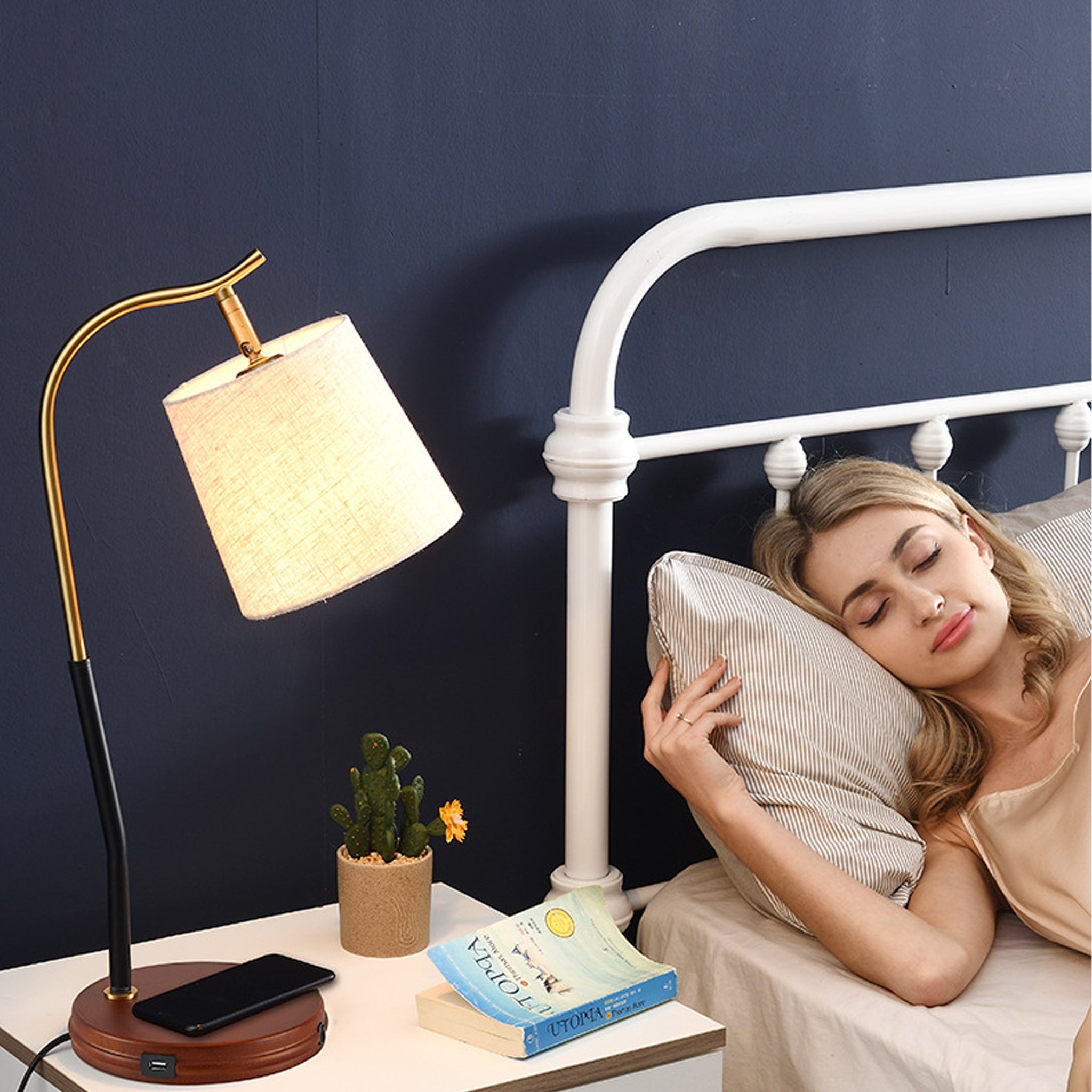 Modern Curved Table Lamp | Walnut Wood & Fabric Shade | 55cm Designer Light