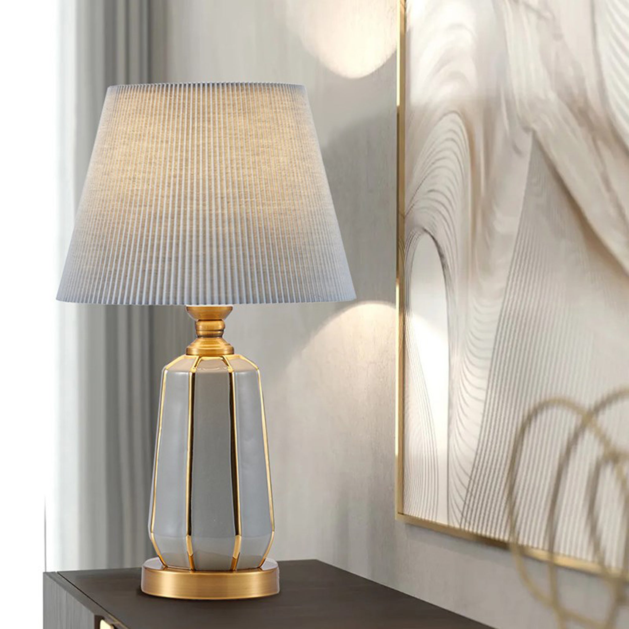 Modern Ceramic Table Lamp | White Pleated Shade & Gold Trim | 49cm Designer Light
