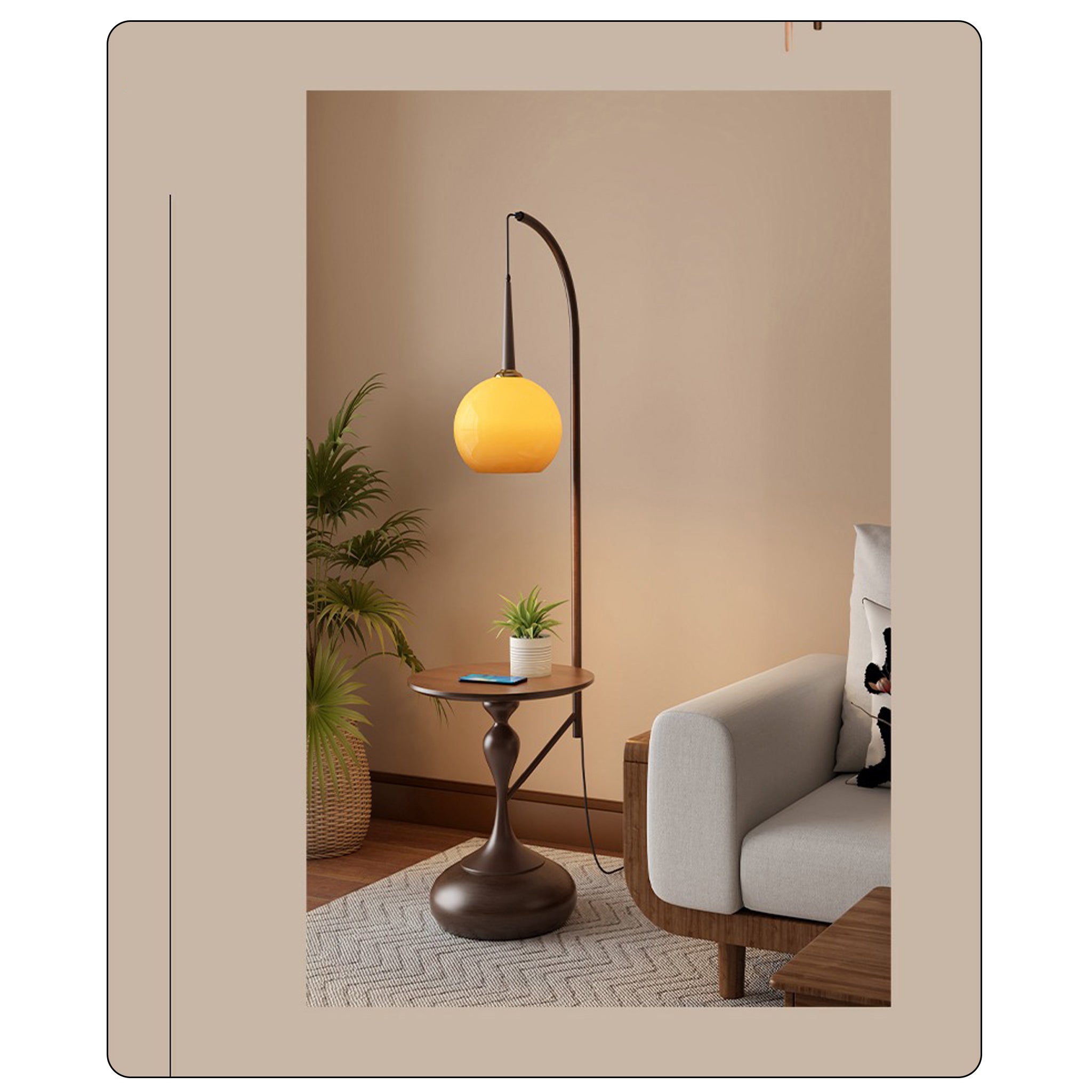 Retro Floor Lamp with Table | Amber Glass Shade | 173cm Modern Art Deco Light