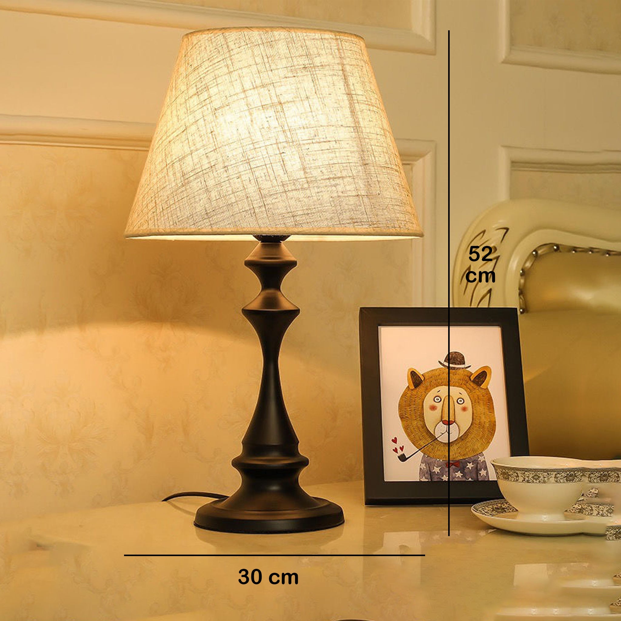 Classic Table Lamp | Black Metal Base & White Fabric Shade | 52cm Modern Lighting