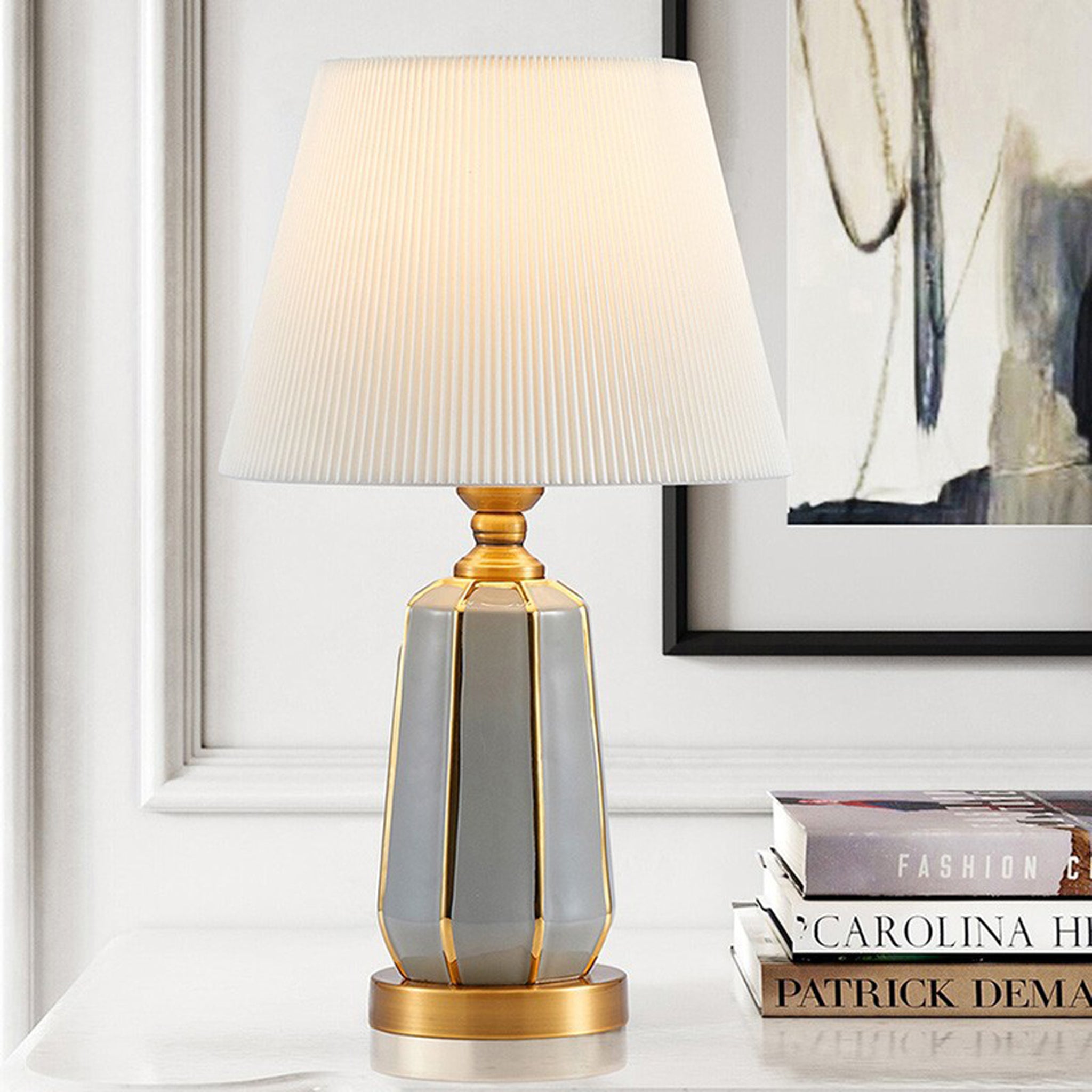 Modern Ceramic Table Lamp | White Pleated Shade & Gold Trim | 49cm Designer Light
