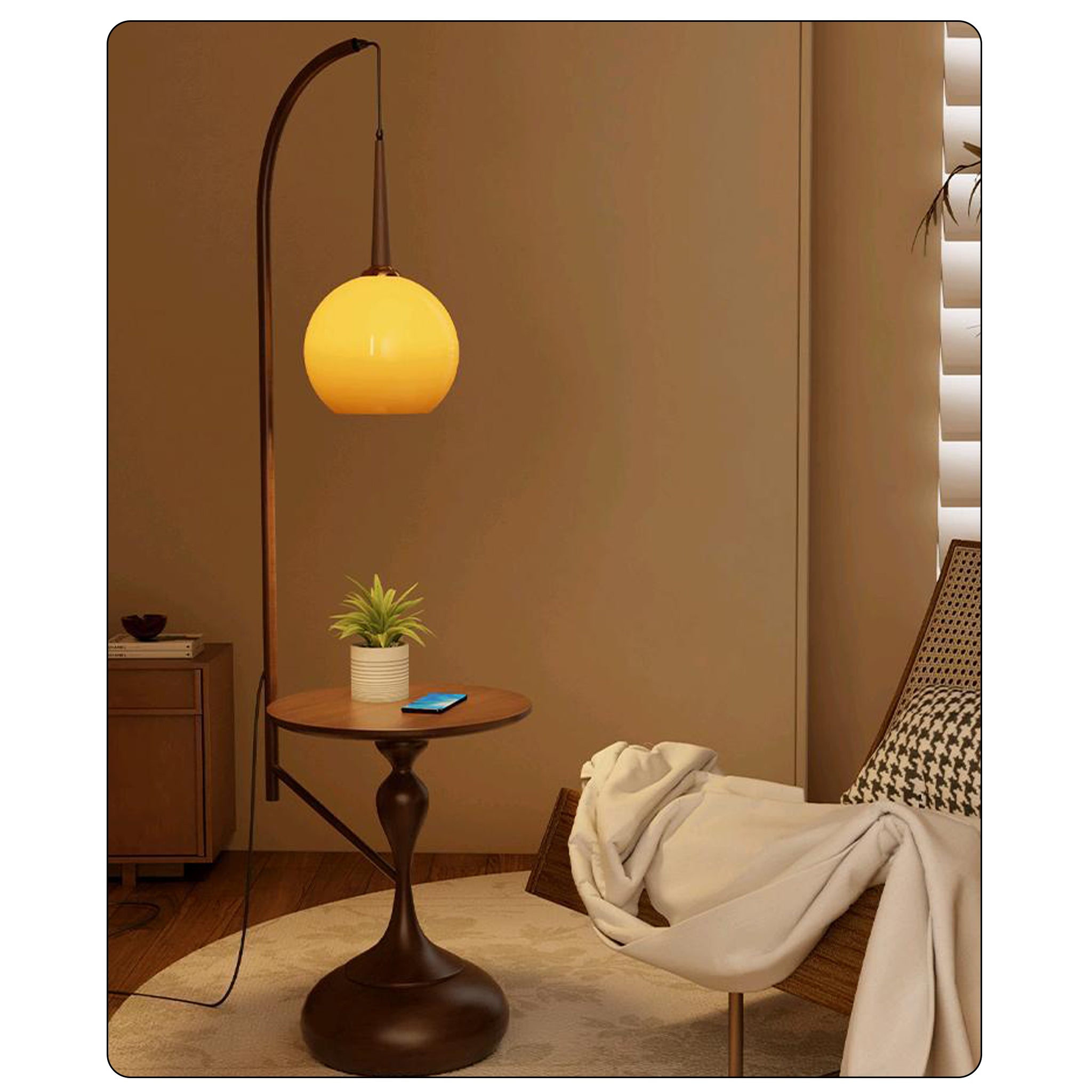 Retro Floor Lamp with Table | Amber Glass Shade | 173cm Modern Art Deco Light