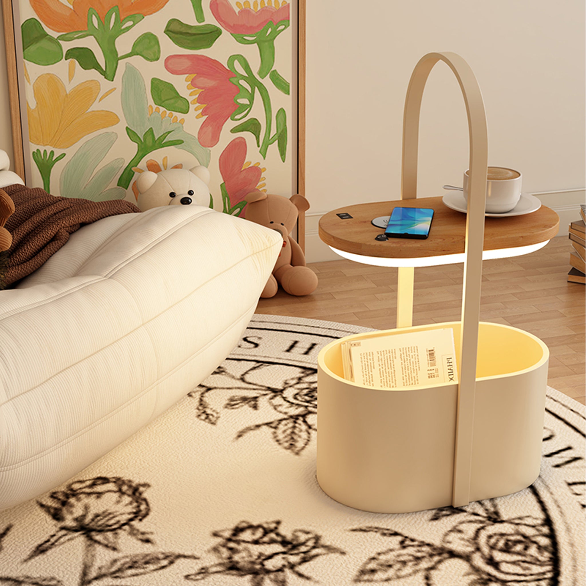 Smart LED Side Table | 3-Color Light & Storage | 72cm White Modern Furniture