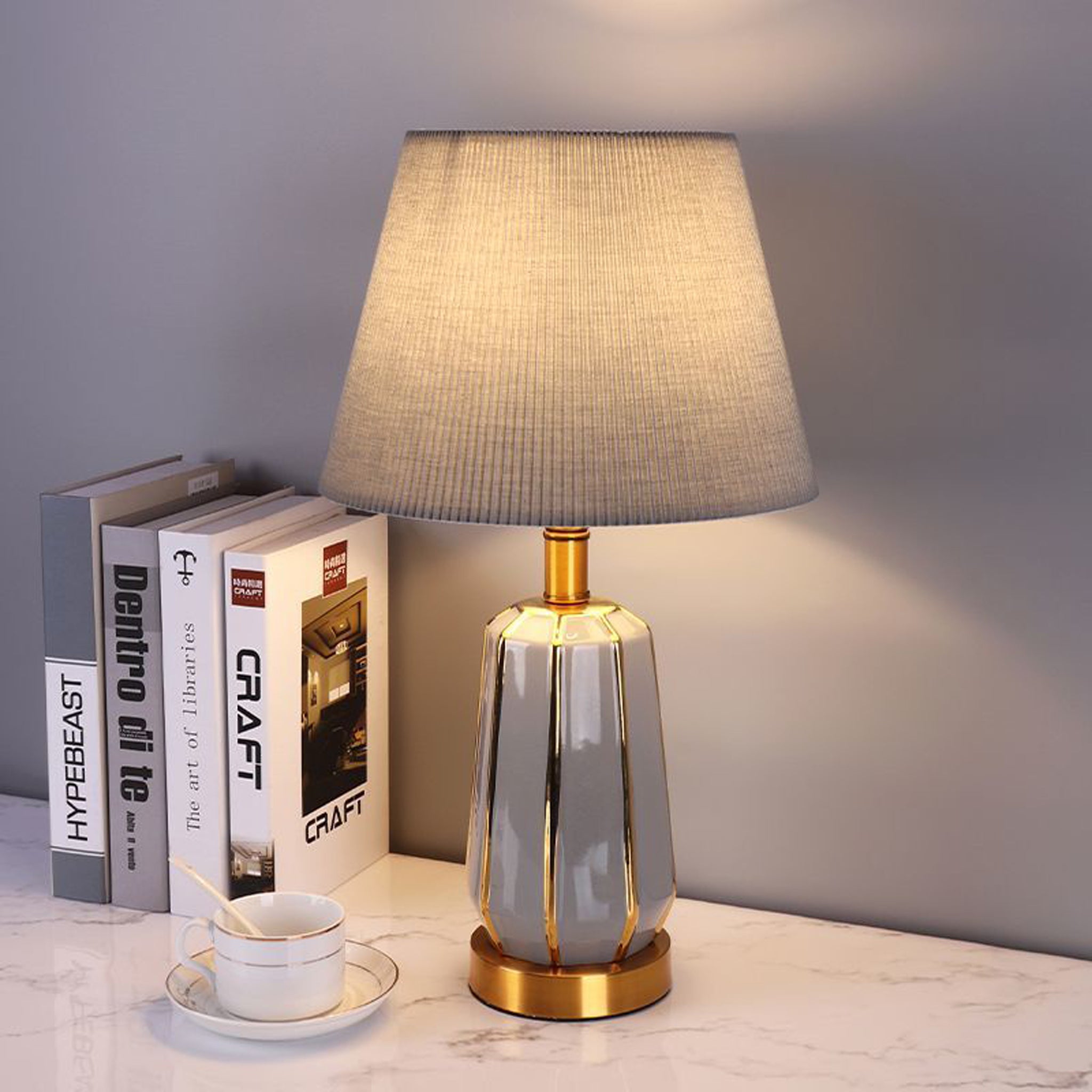 Modern Ceramic Table Lamp | White Pleated Shade & Gold Trim | 49cm Designer Light
