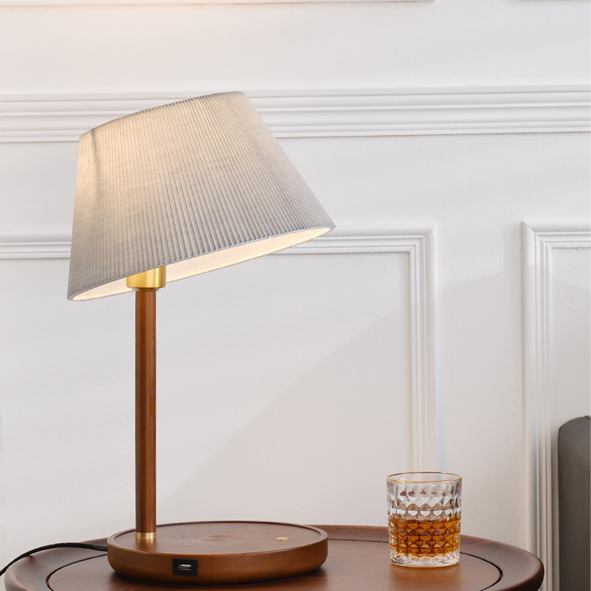 Modern Walnut Table Lamp | Black Metal & Fabric Shade | 46cm Designer Light