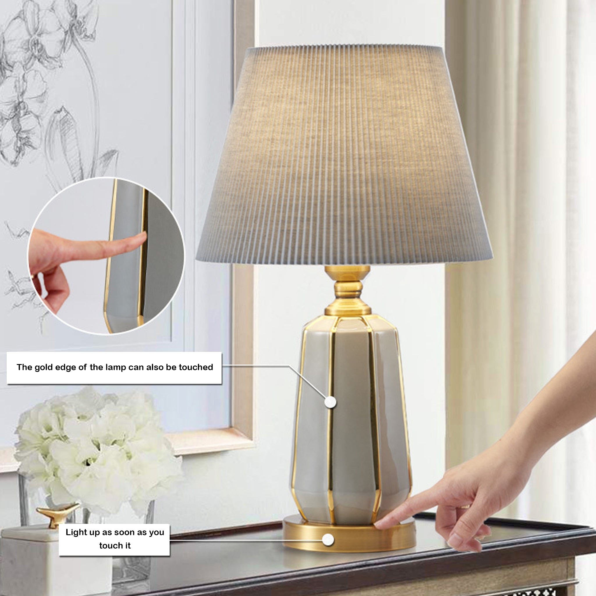 Modern Ceramic Table Lamp | White Pleated Shade & Gold Trim | 49cm Designer Light