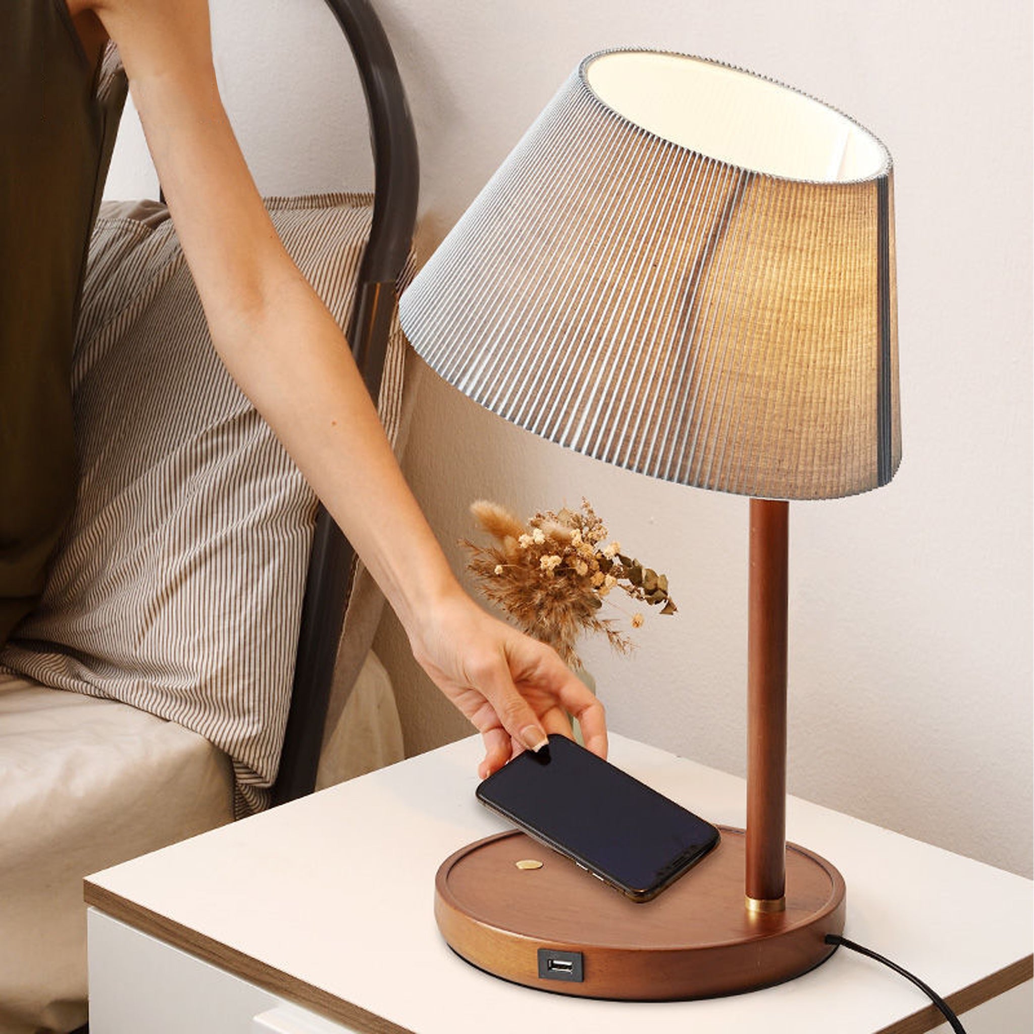 Modern Walnut Table Lamp | Black Metal & Fabric Shade | 46cm Designer Light