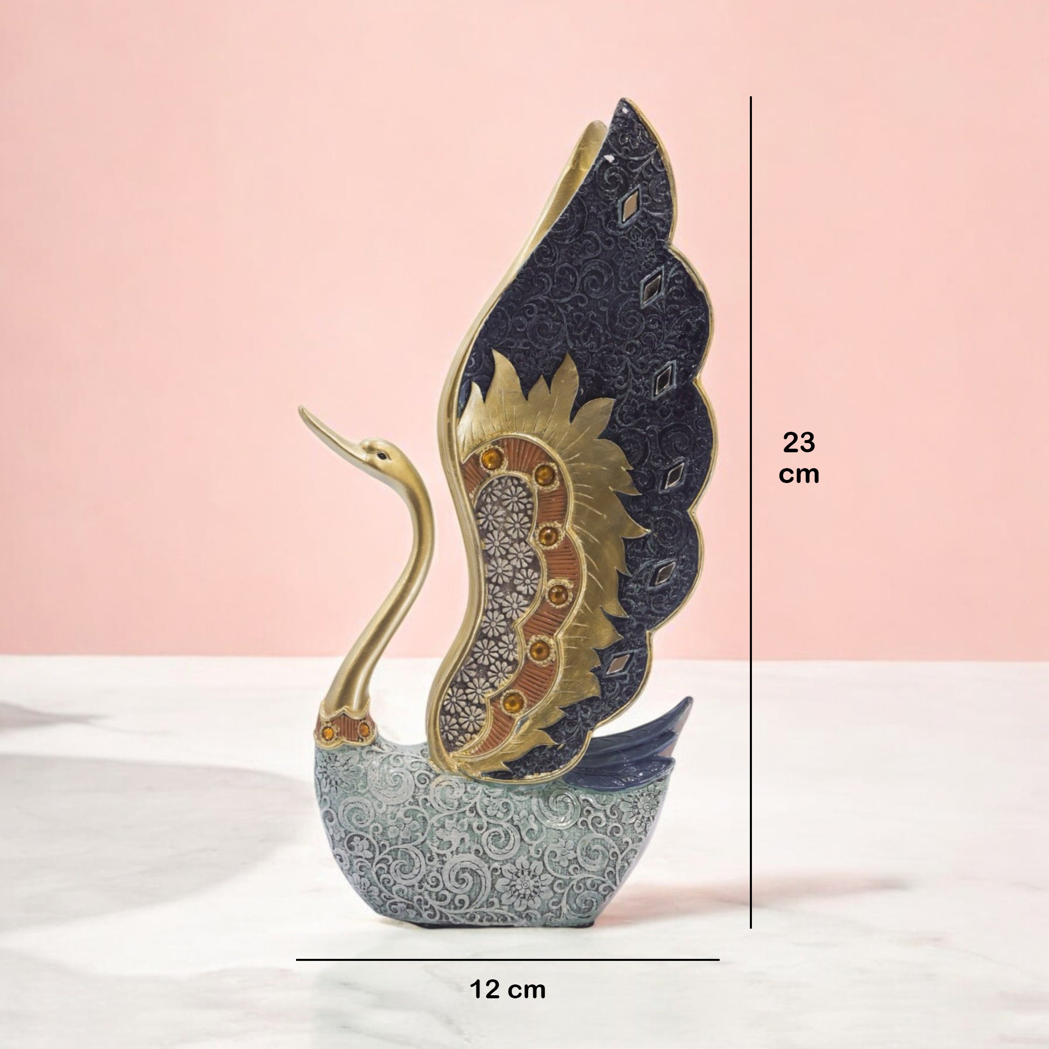 Elegant Swan Sculpture | Navy & Gold Art Statue with Crystal Base | 23cm Luxury Home Decor - Divine Dekor