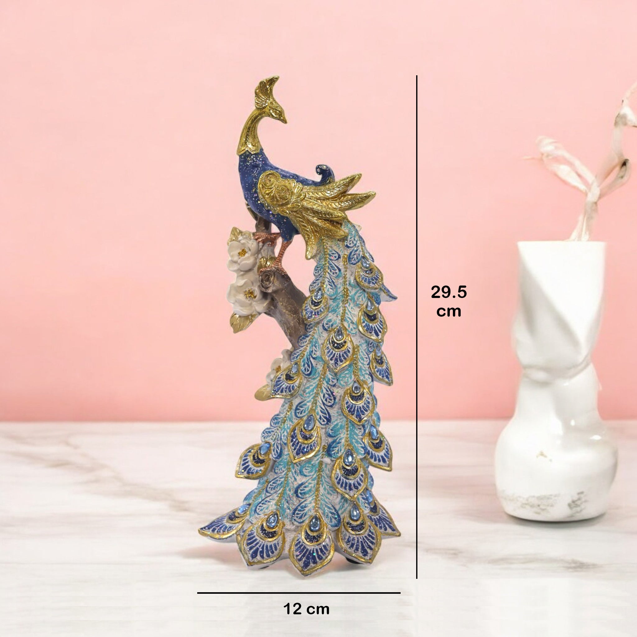 Elegant Peacock Statue with Flowing Feathers | Turquoise & Gold Luxury Bird Sculpture | 29.5cm Premium Home Decor - Divine Dekor