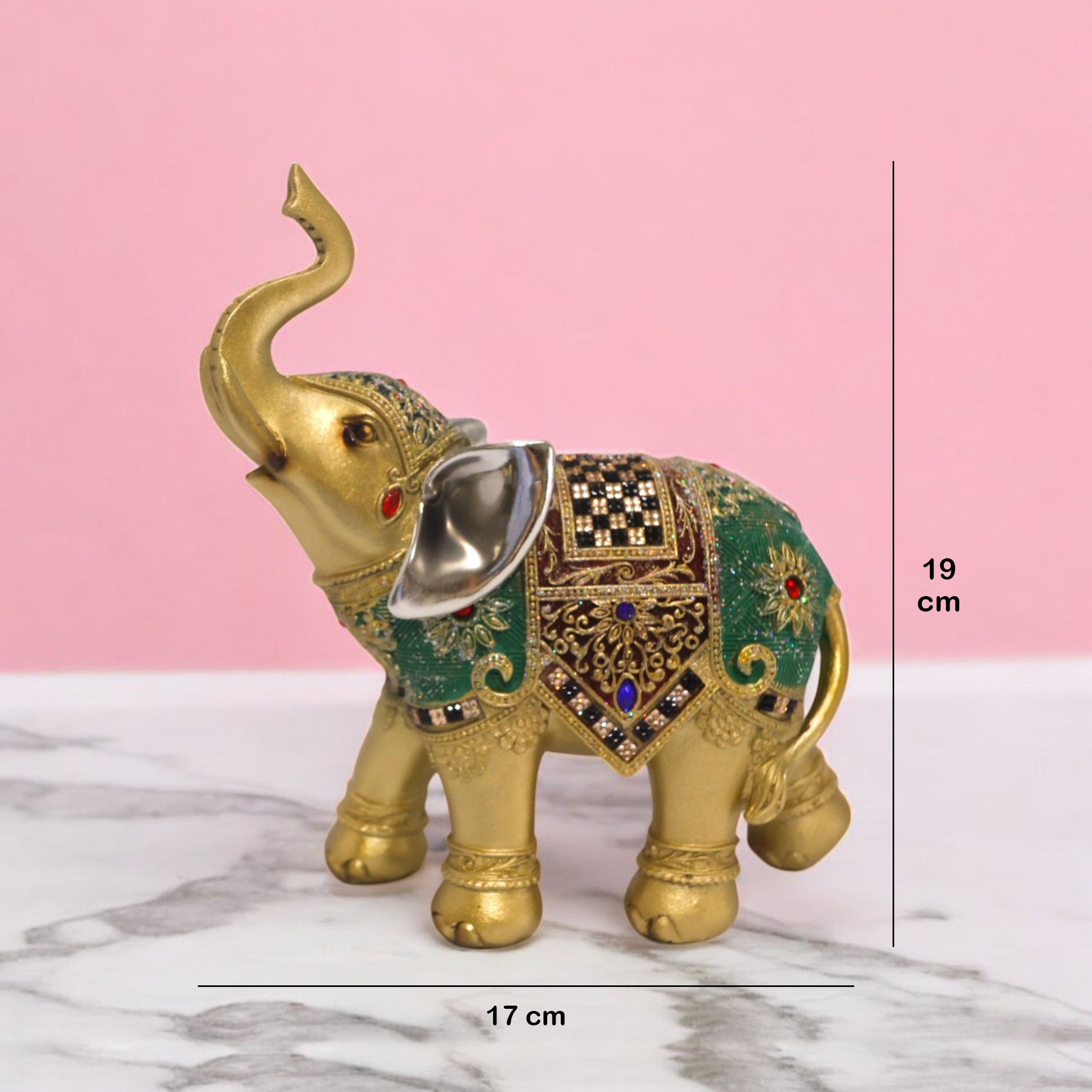 Divine Dekor Bejeweled Elephant Statue - Turquoise & Gold Resin Home Decor