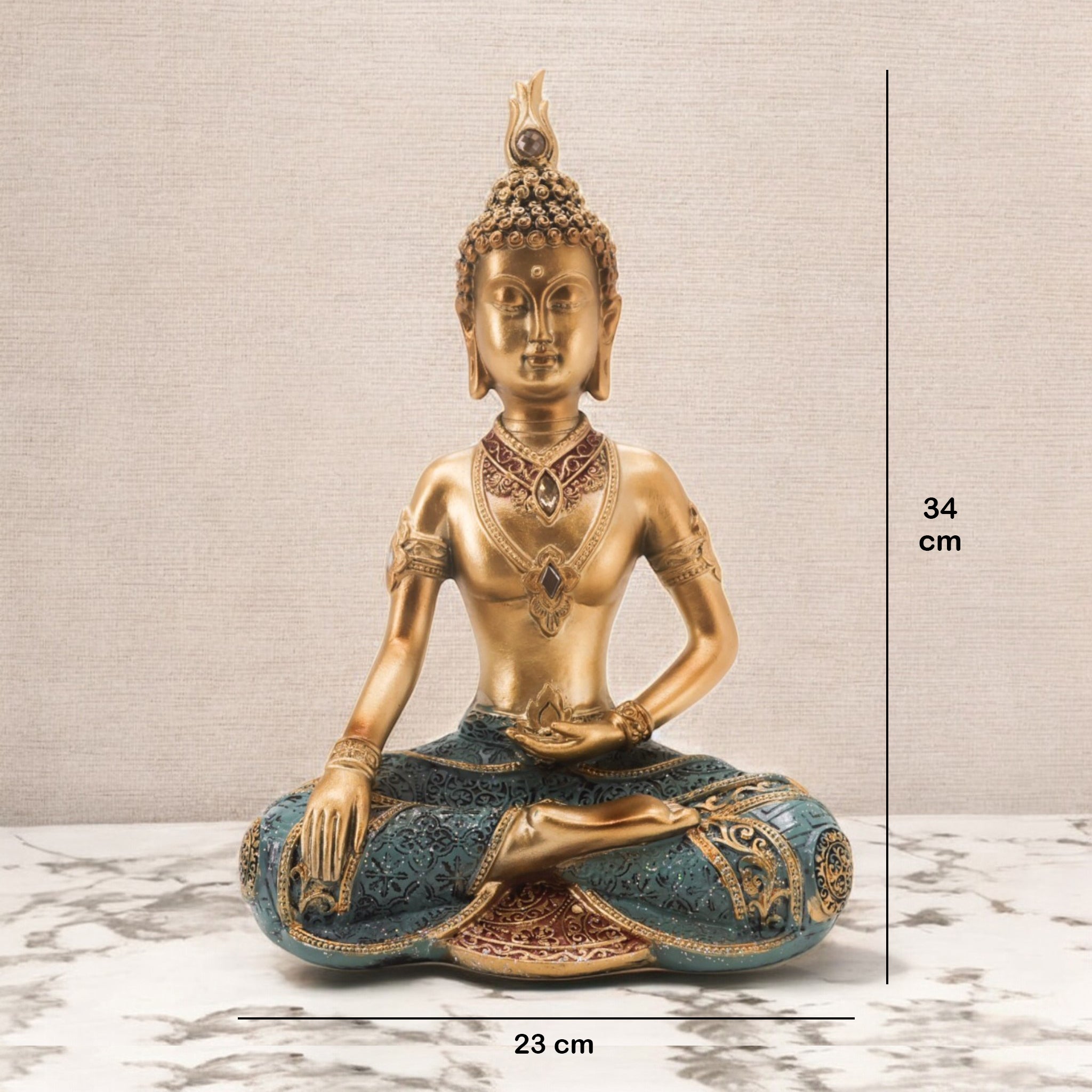 Divine Dekor’s Meditation Buddha Statue 34cm | Golden & Turquoise Zen Art | Large Spiritual Decor