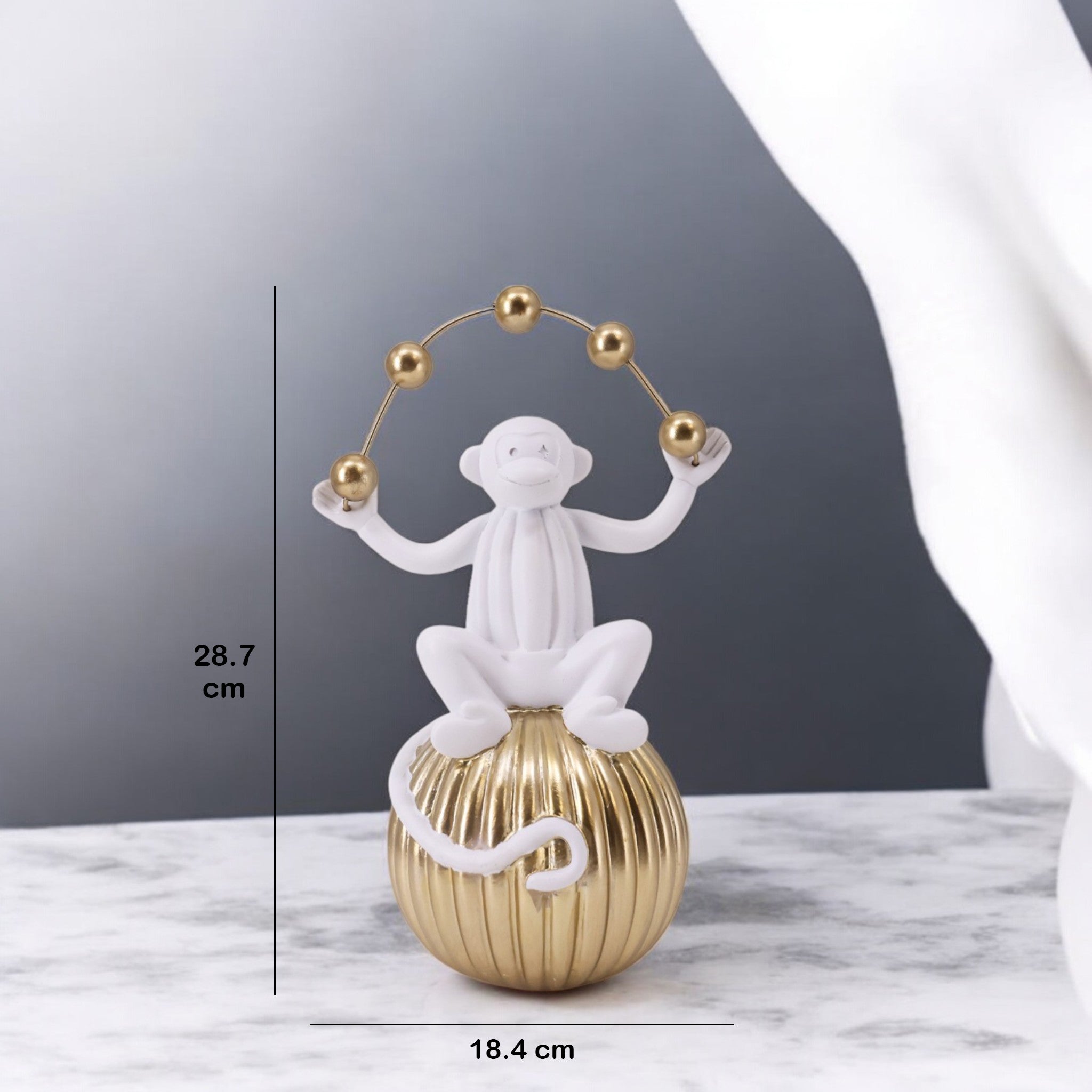 Whimsical Juggling Monkey Sculpture | White & Gold Art Statue | 28.7cm Modern Home Decor - Divine Dekor