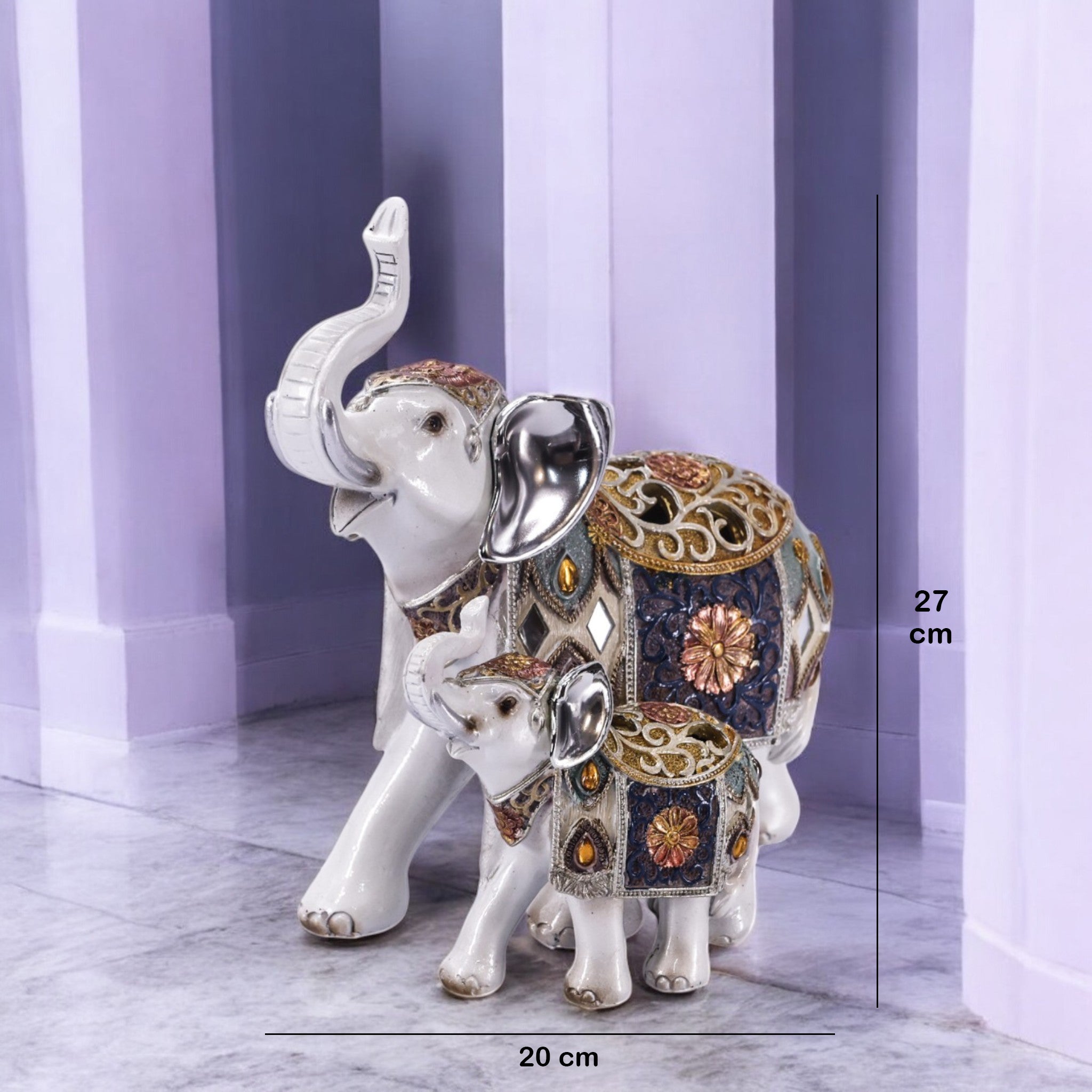 Ornate Mother & Baby Elephant Statue | White & Gold Mandala Pattern Figurine | 23cm Traditional Home Decor - Divine Dekor