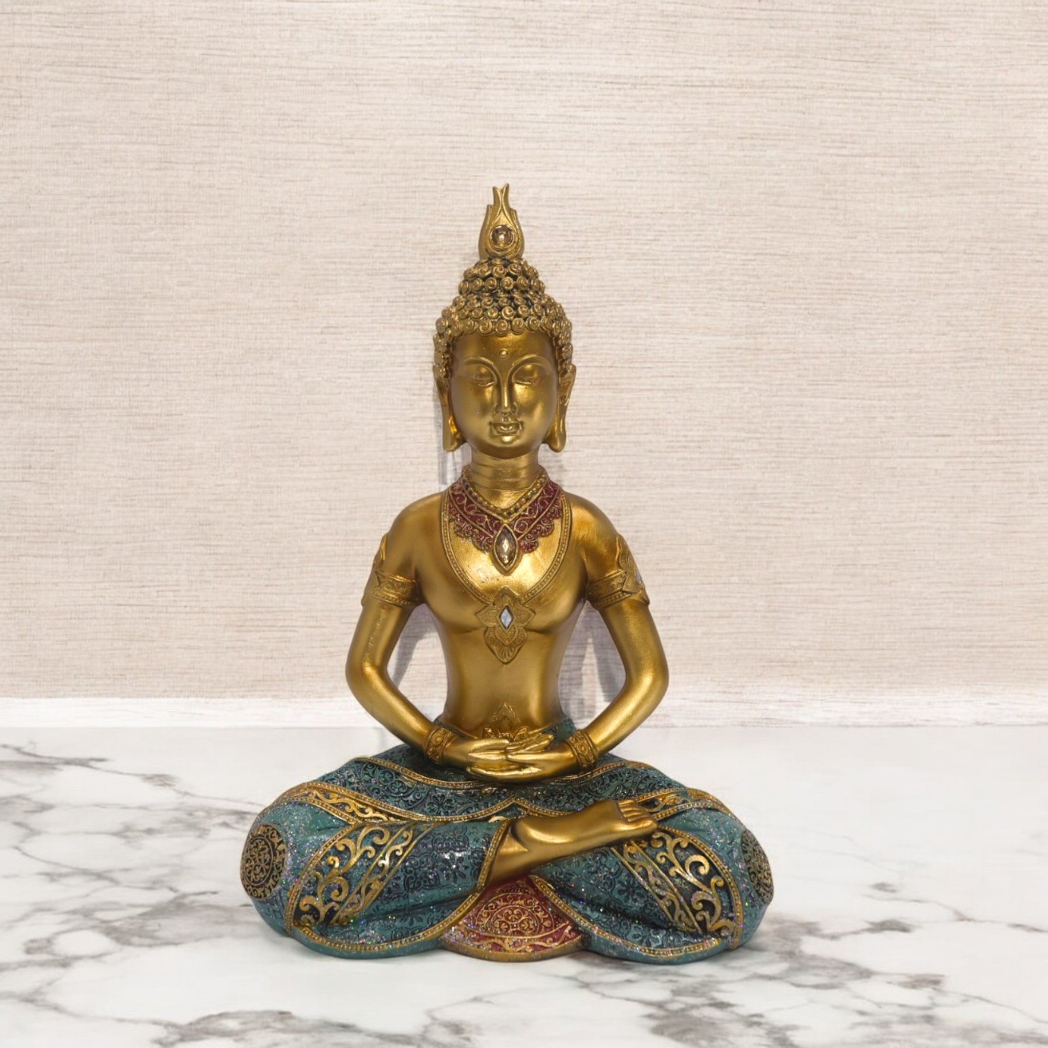 Meditation Buddha Sculpture | Golden & Turquoise Zen Art Statue | 29cm Spiritual Home Decor - Divine Dekor