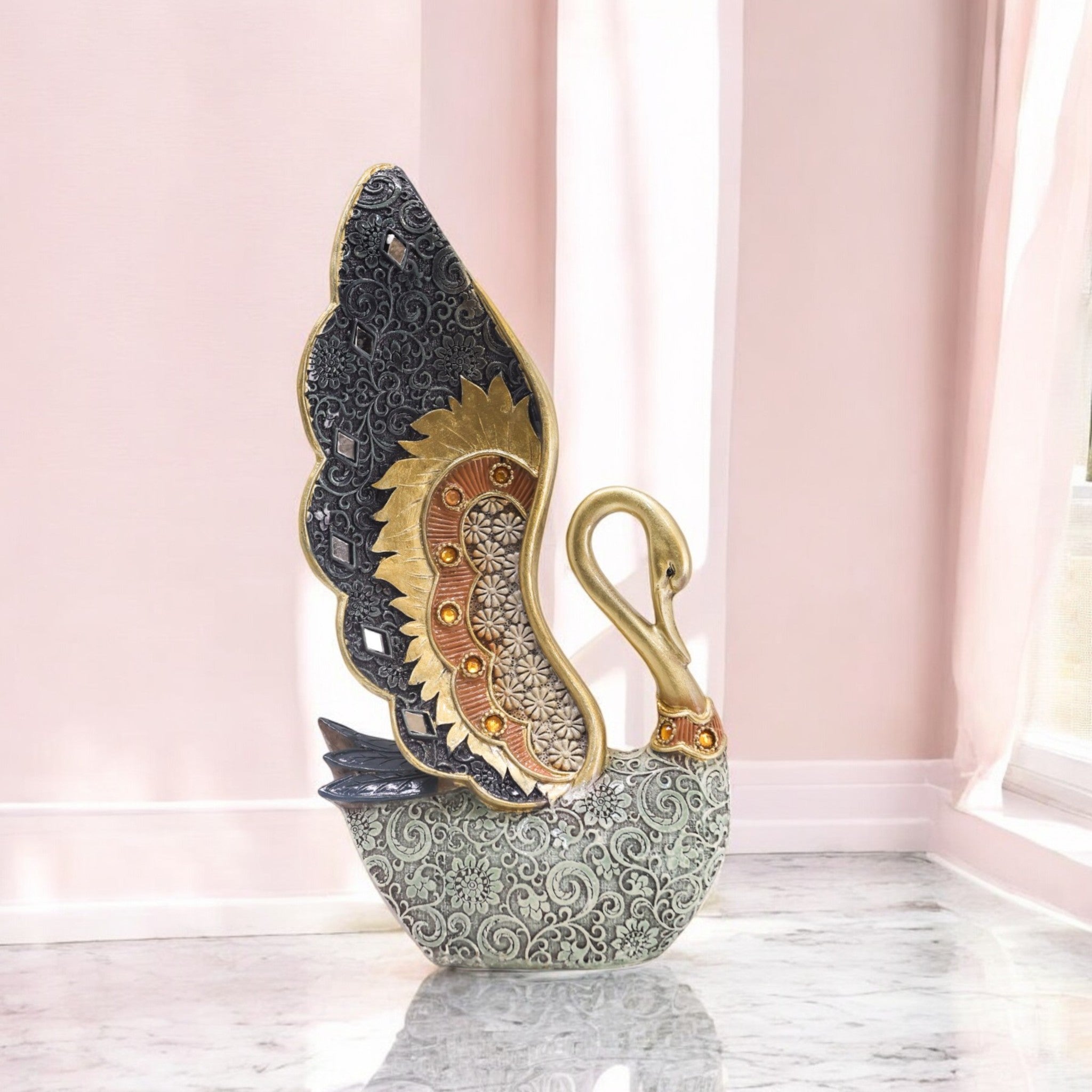 Luxurious Swan Sculpture | Gold Wing & Silver Body Art Statue | 27cm Premium Home Decor - Divine Dekor