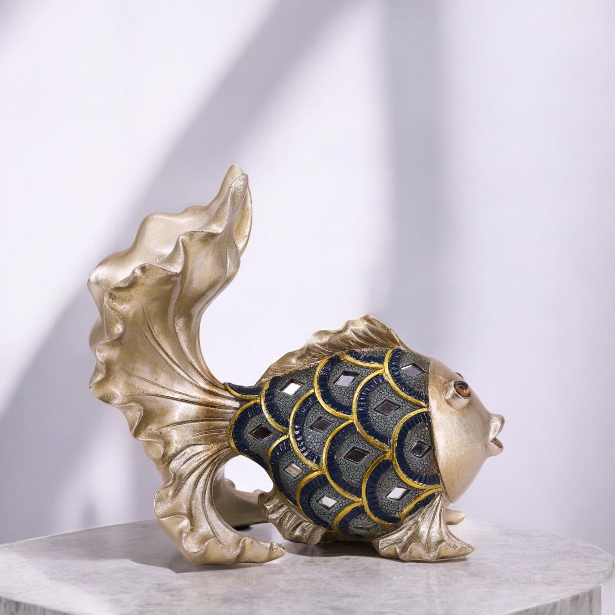 Luxurious Golden Koi Fish Sculpture | Blue Crystal Accents | Feng Shui Decorative Art | Divine Dekor