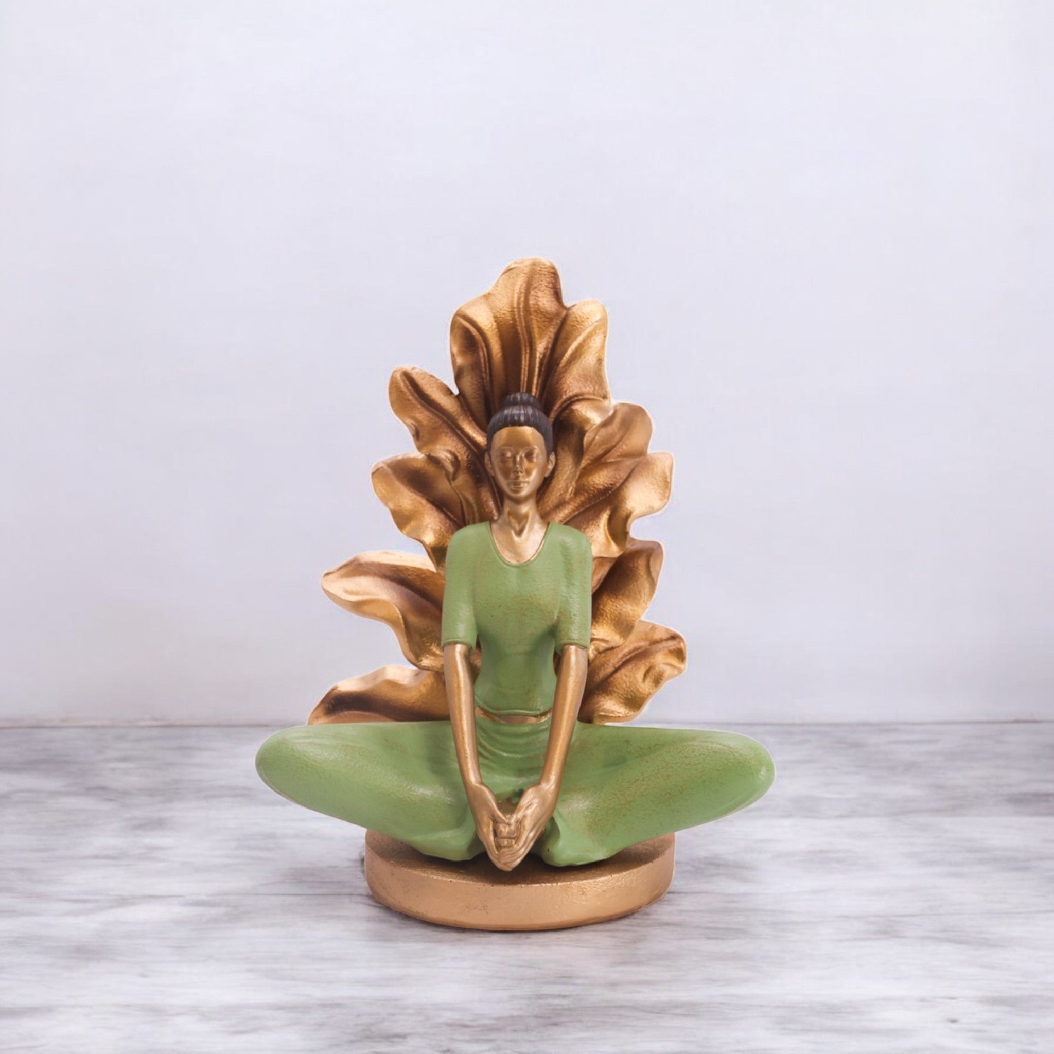 Divine Dekor Sacred Meditation Statue | 26.3cm Yoga Goddess Sculpture | Zen Buddhist Art Piece | Spiritual Home Decor (Sage Green-Gold)