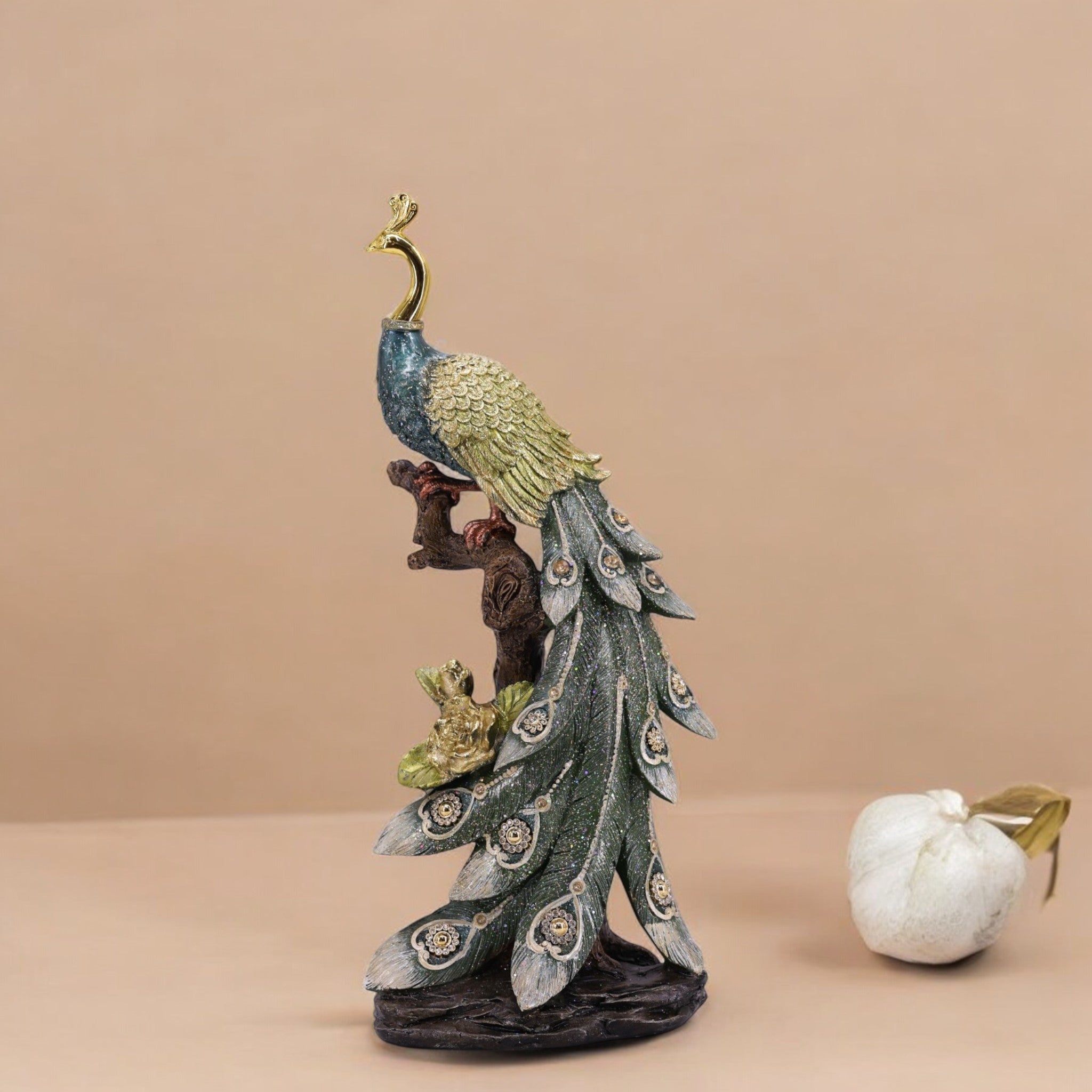 Elegant Peacock Tealight Holder 39cm | Green & Gold Resin Candle Stand | Luxury Bird Decor | Divine Dekor