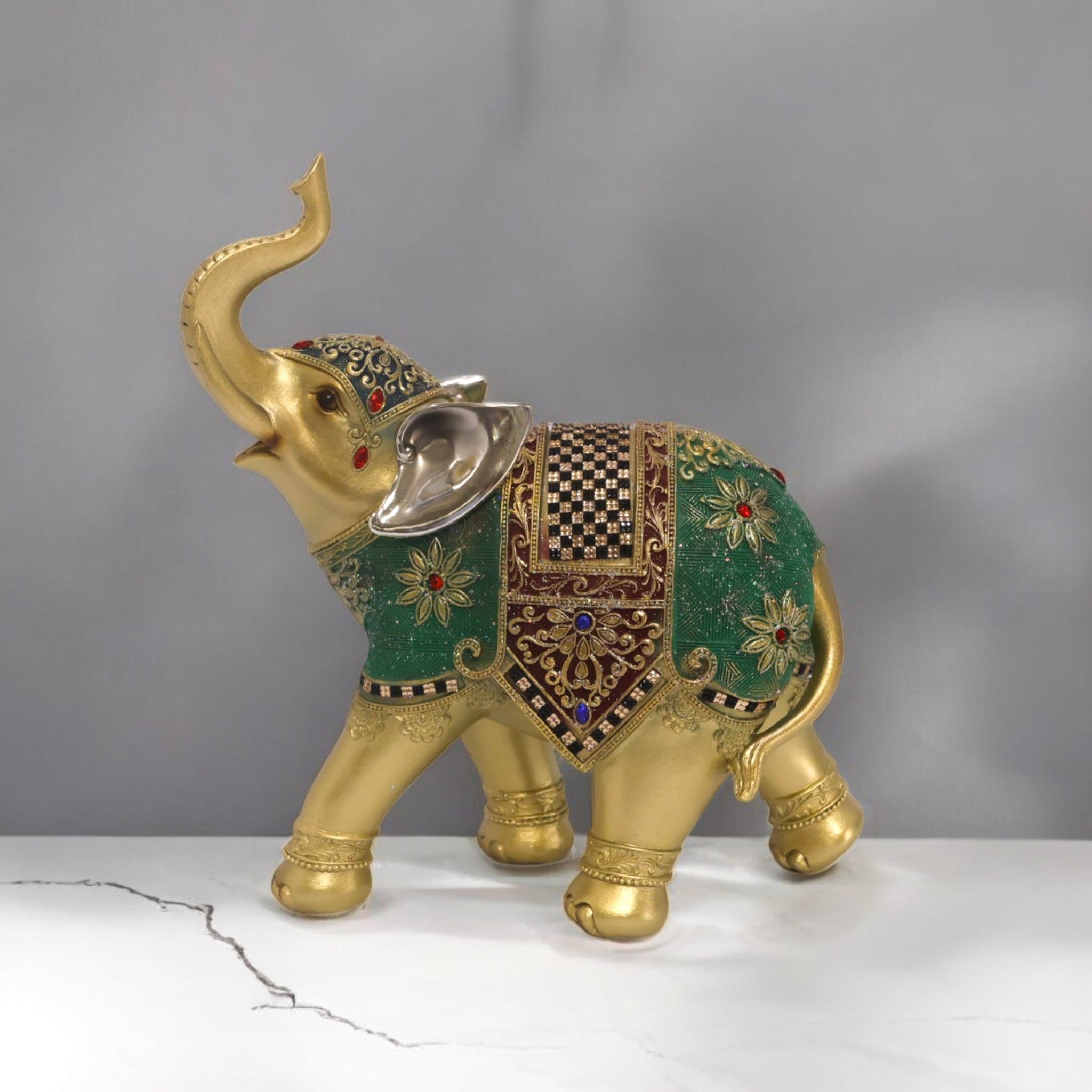 Divine Dekor Royal Elephant Statue - Large Emerald & Gold Luxury Home Decor