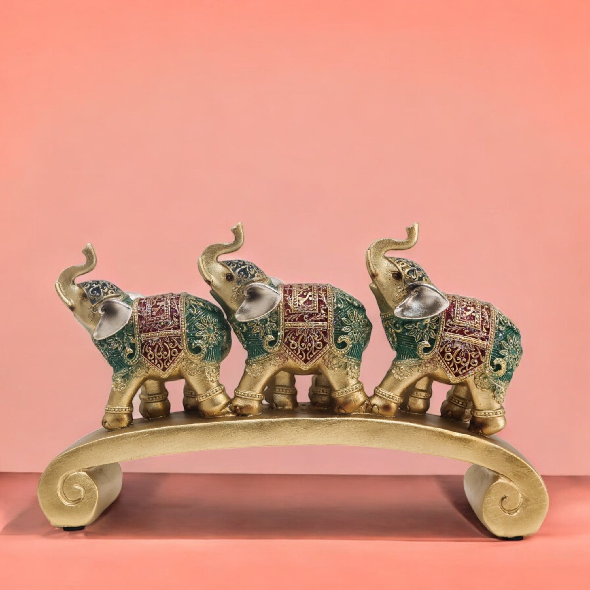 Divine Dekor Three Elephants Bridge Statue - Green & Gold Lucky Decor Set