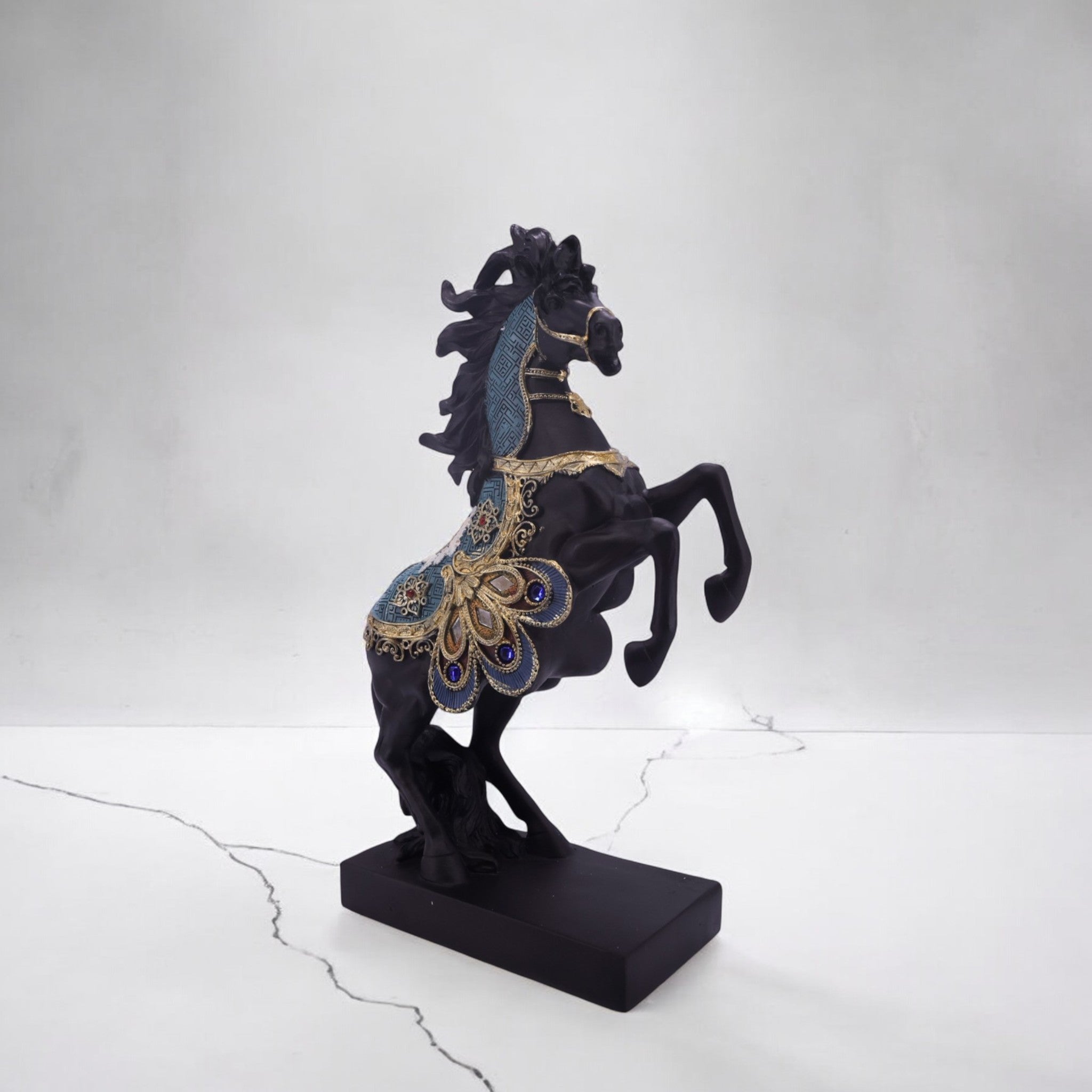 Regal Black Horse Sculpture with Turquoise Accents | Rearing Stallion Art Statue | 33.5cm Luxury Home Decor - Divine Dekor