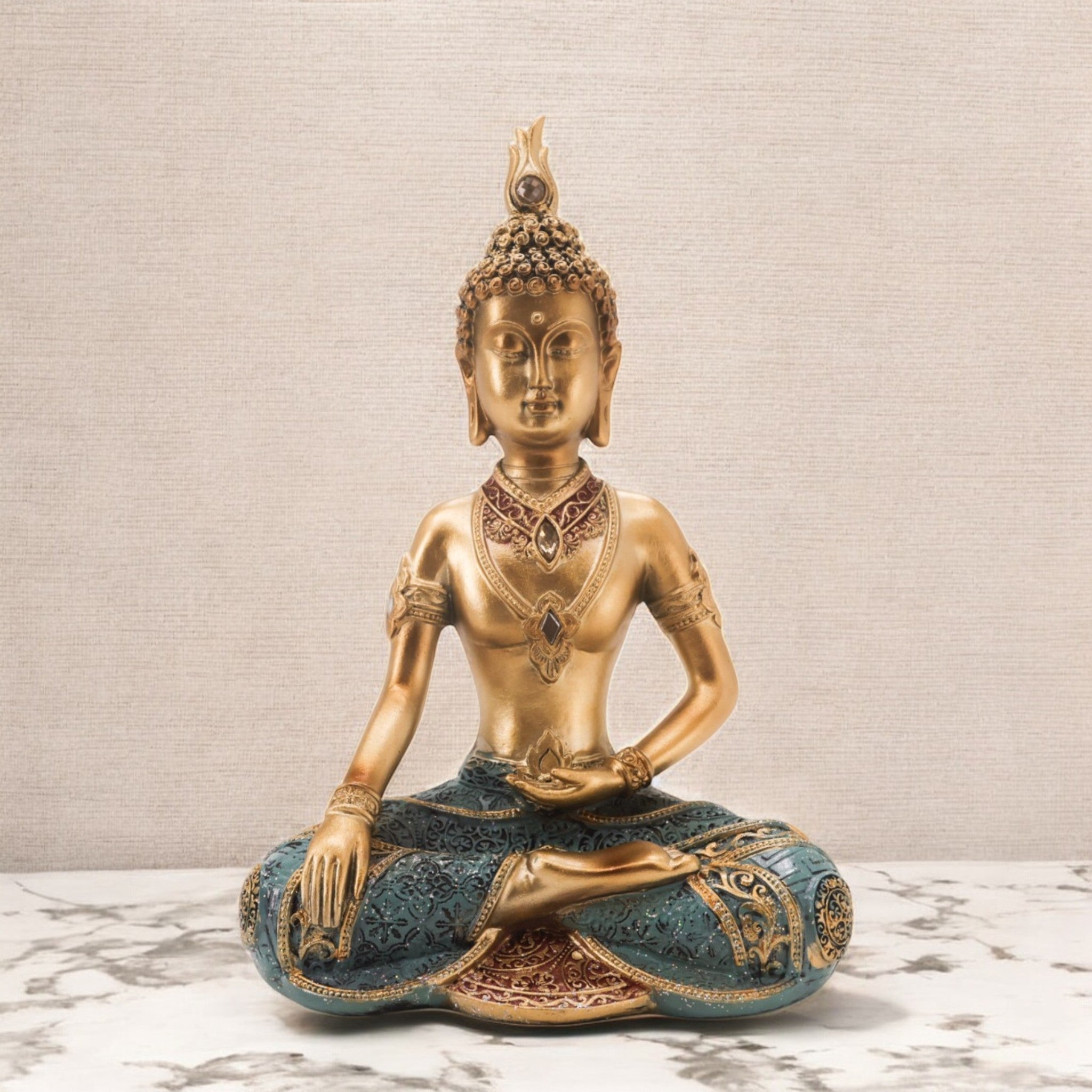 Divine Dekor’s Meditation Buddha Statue 34cm | Golden & Turquoise Zen Art | Large Spiritual Decor