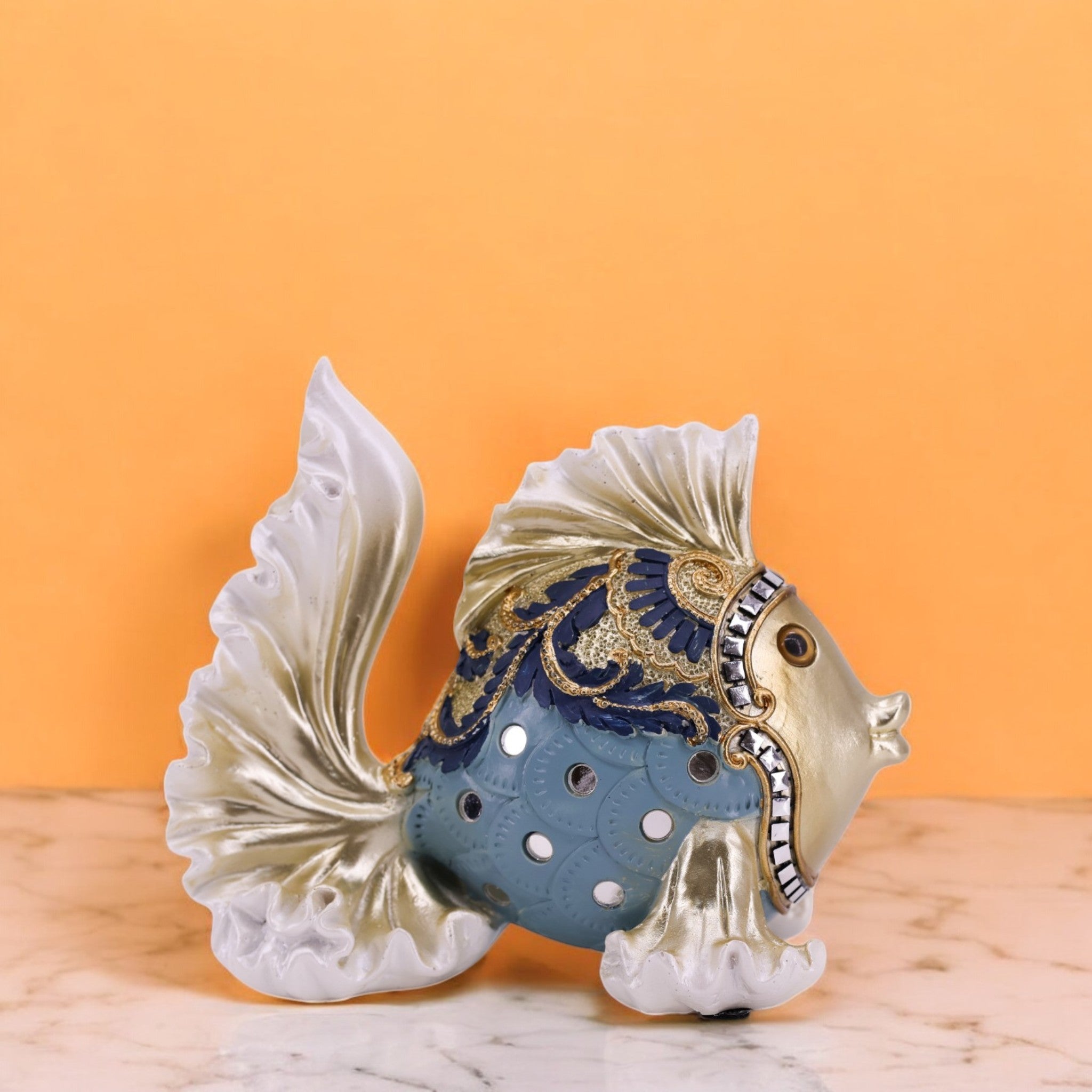 Large Baroque Fish Statue 27cm | White & Turquoise Resin Art | Elegant Home Decor | Divine Dekor