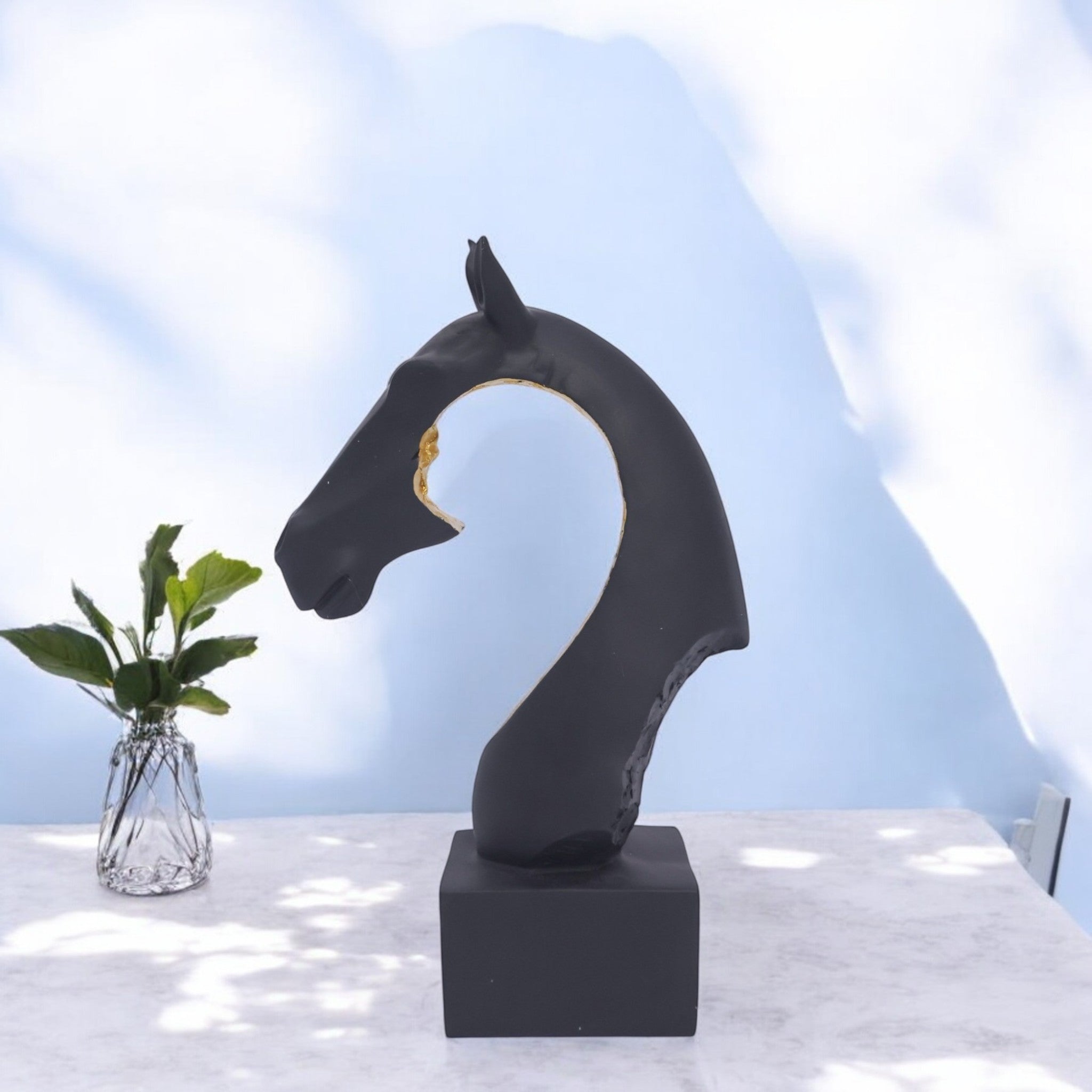 Modern Black Horse Head Sculpture | Contemporary Abstract Art Statue | 26cm Designer Home Decor - Divine Dekor