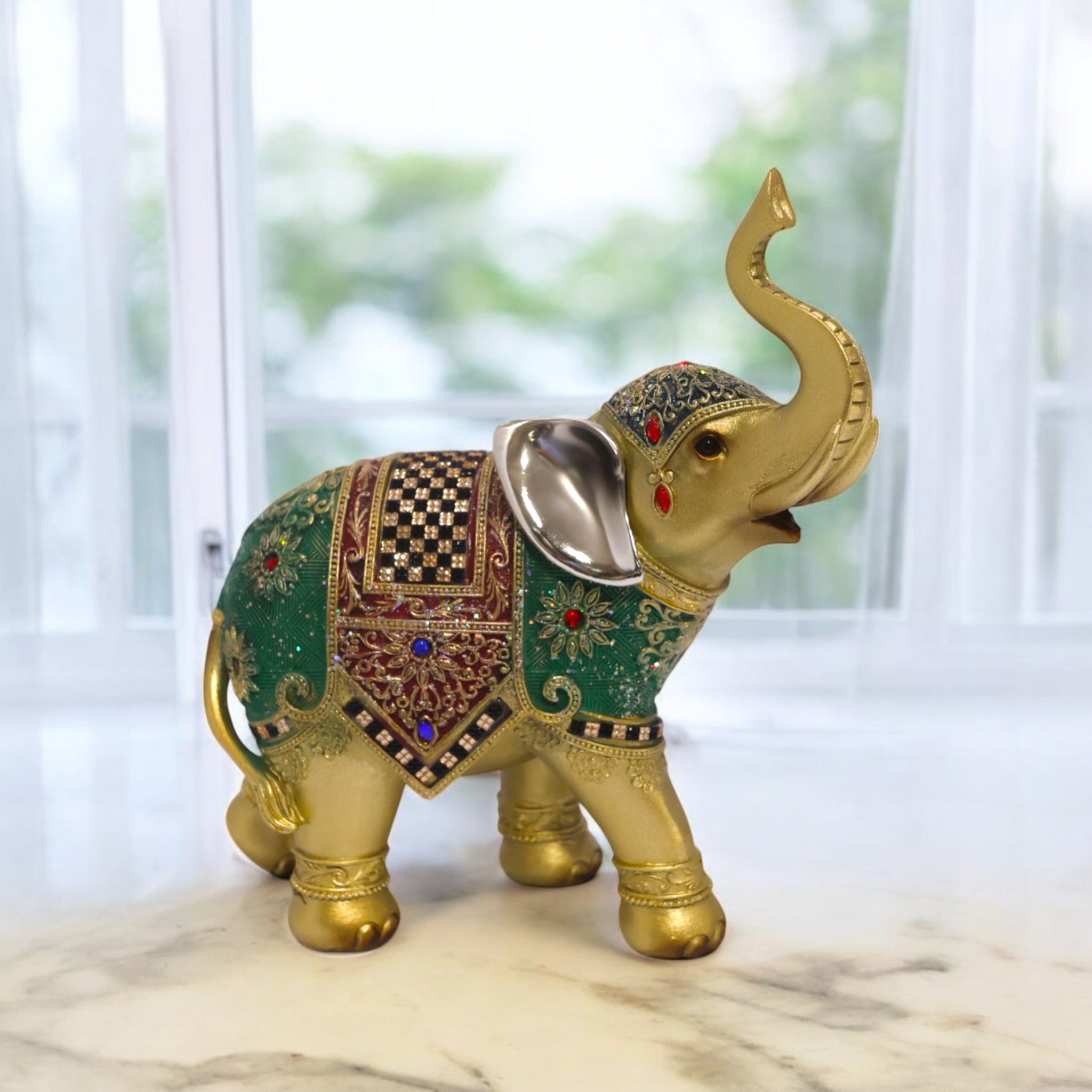 Divine Dekor Royal Elephant Statue - Emerald & Gold Prosperity Decor