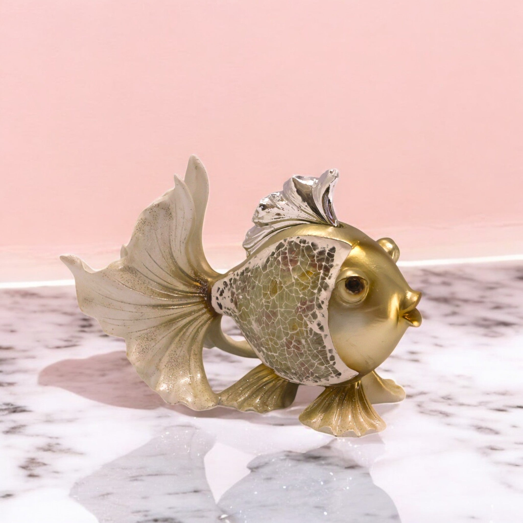 Luxury Golden Fantail Fish Sculpture | Flowing Fin Art Statue | 21cm Feng Shui Home Decor - Divine Dekor