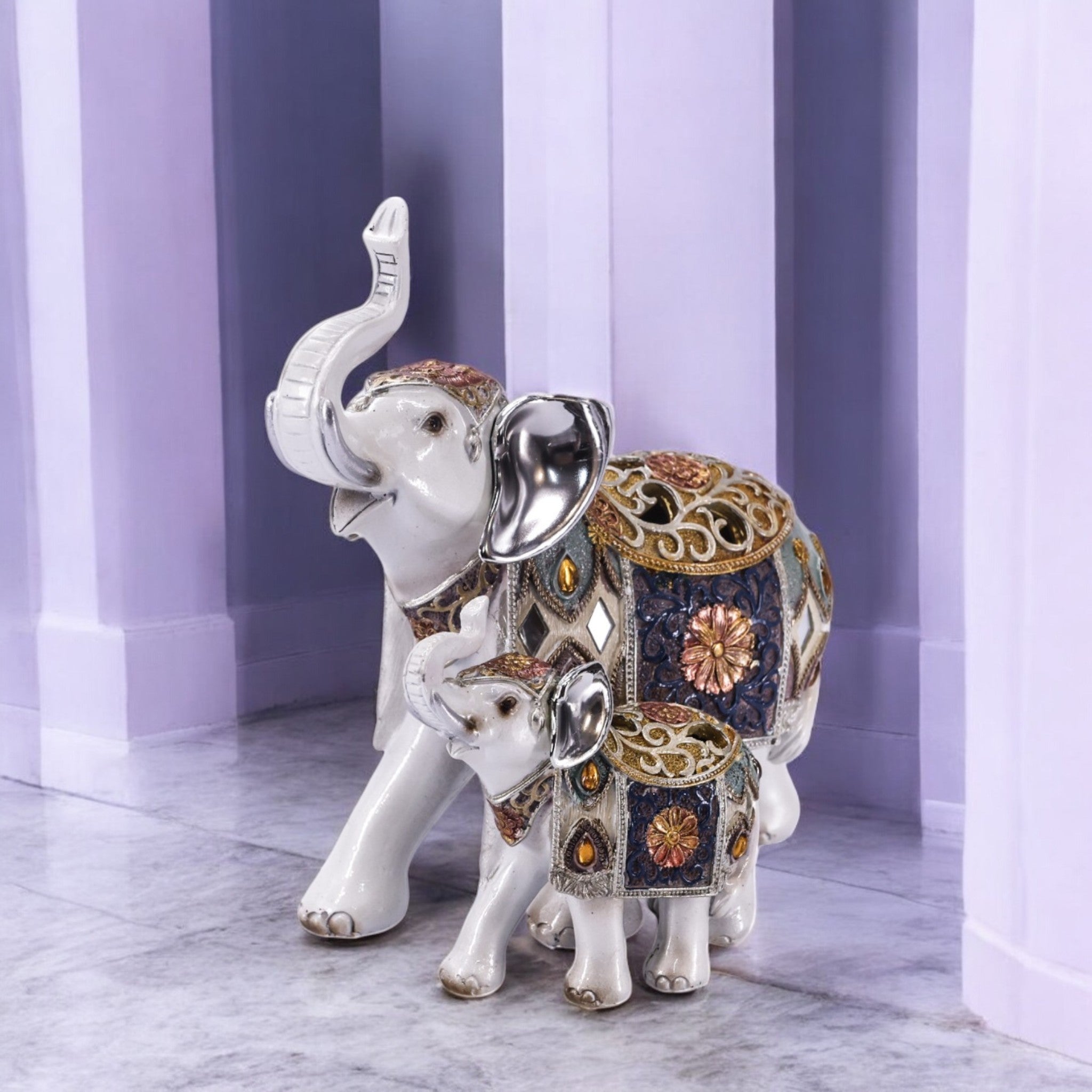 Ornate Mother & Baby Elephant Statue | White & Gold Mandala Pattern Figurine | 23cm Traditional Home Decor - Divine Dekor