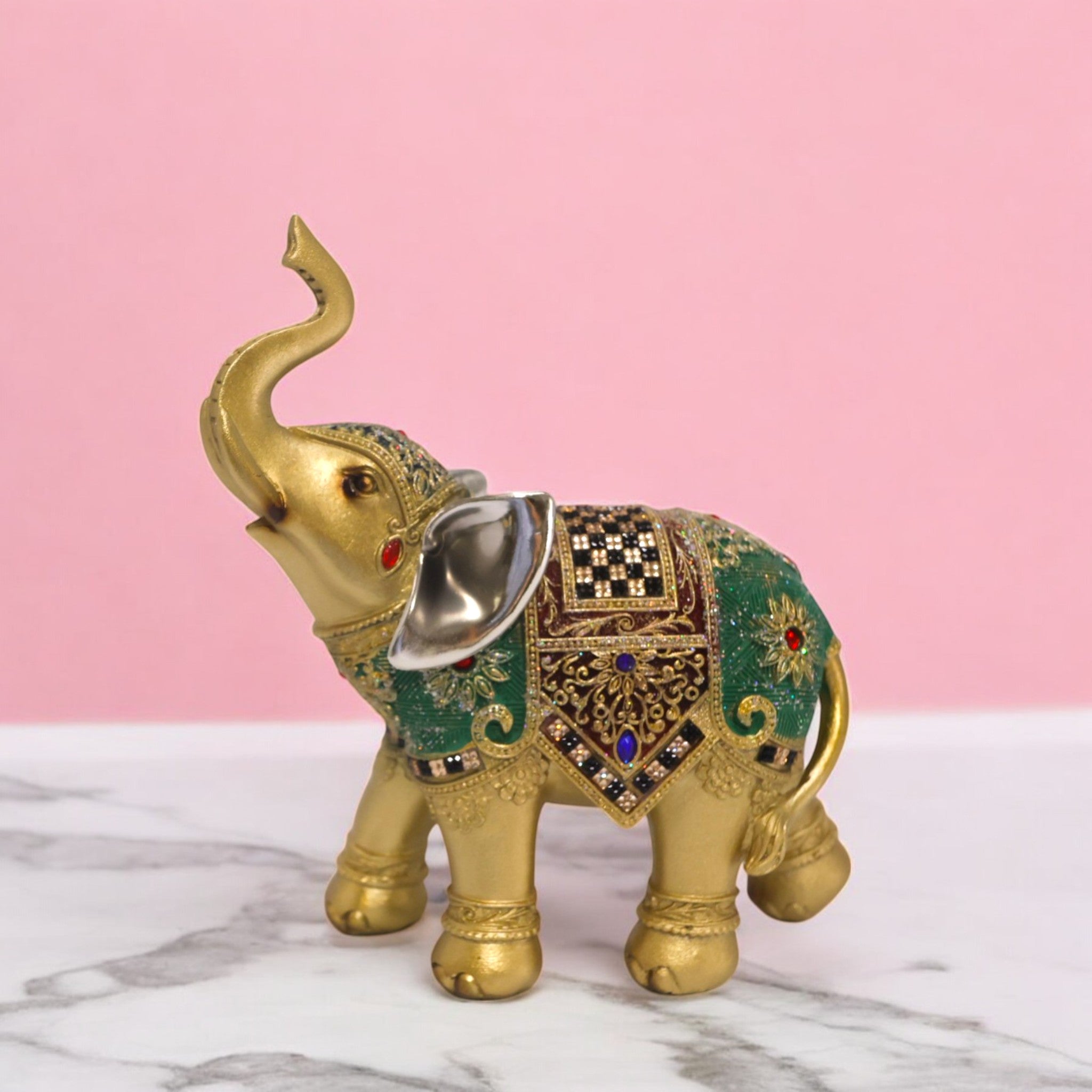 Divine Dekor Bejeweled Elephant Statue - Turquoise & Gold Resin Home Decor