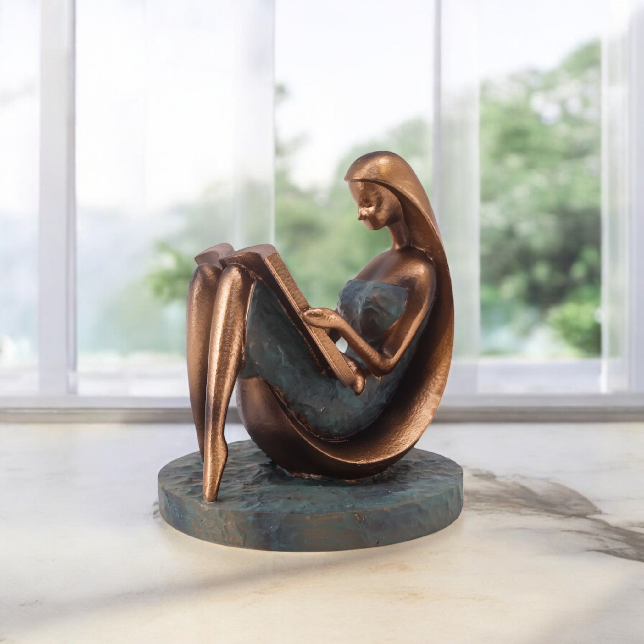 Modern Bronze Lady Sculpture | Contemplative Art Statue | 17.9cm Contemporary Home Decor - Divine Dekor