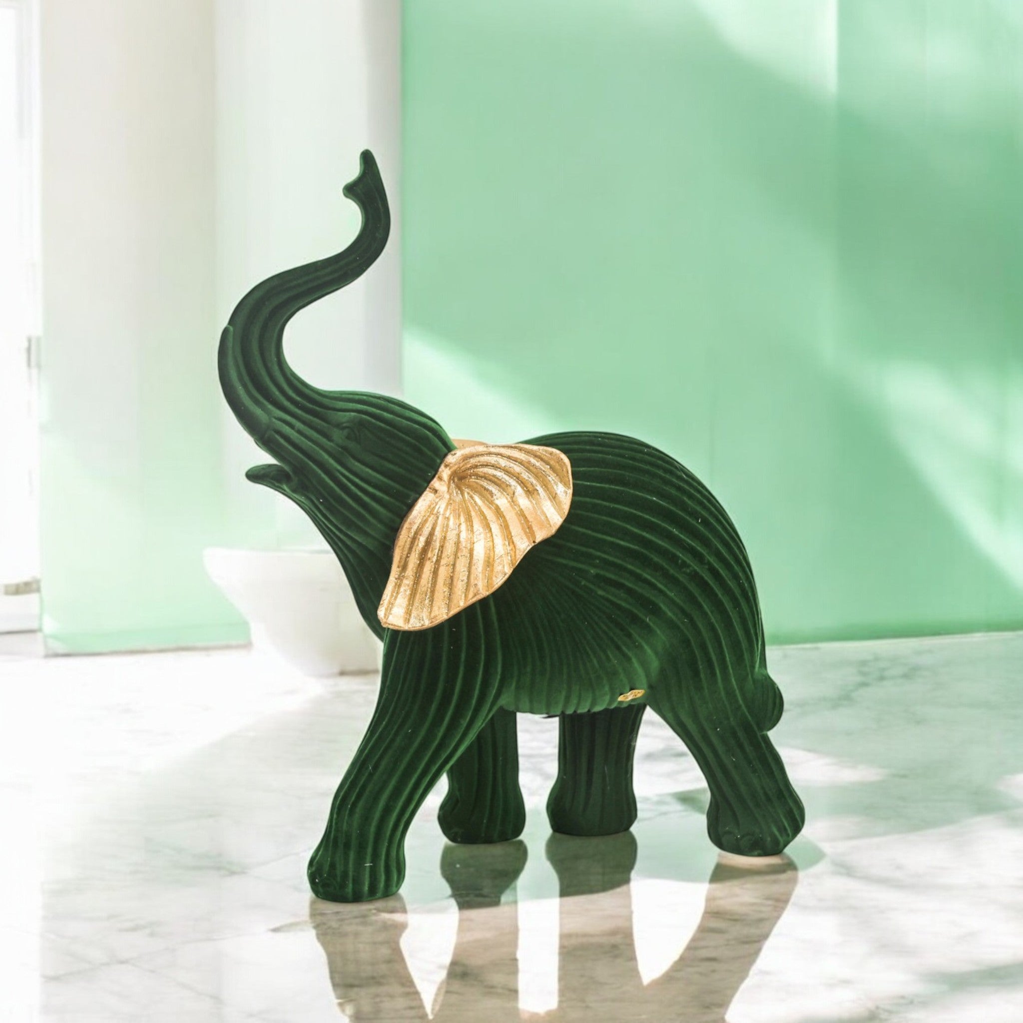 Velvet Green Elephant Sculpture | Modern Art Decor | 28cm Gold-Accented Statue