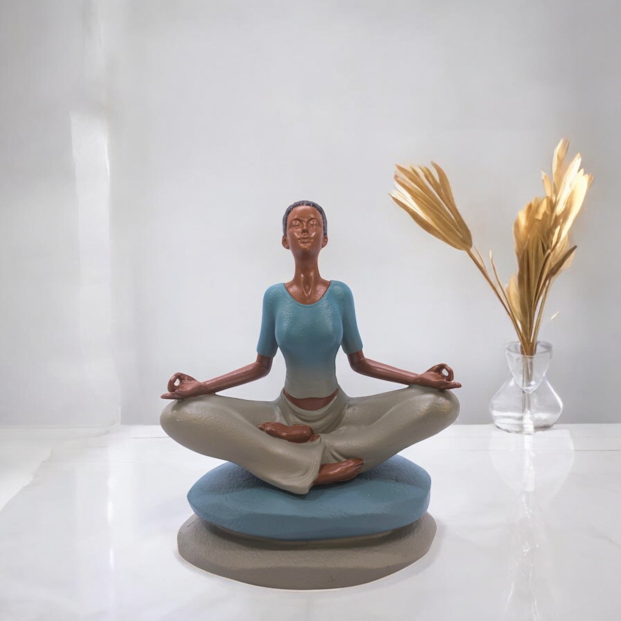 Divine Dekor’s Serene Lotus Meditation Sculpture 22.5cm | Mint & White Zen Art | Layered Base Yoga Decor