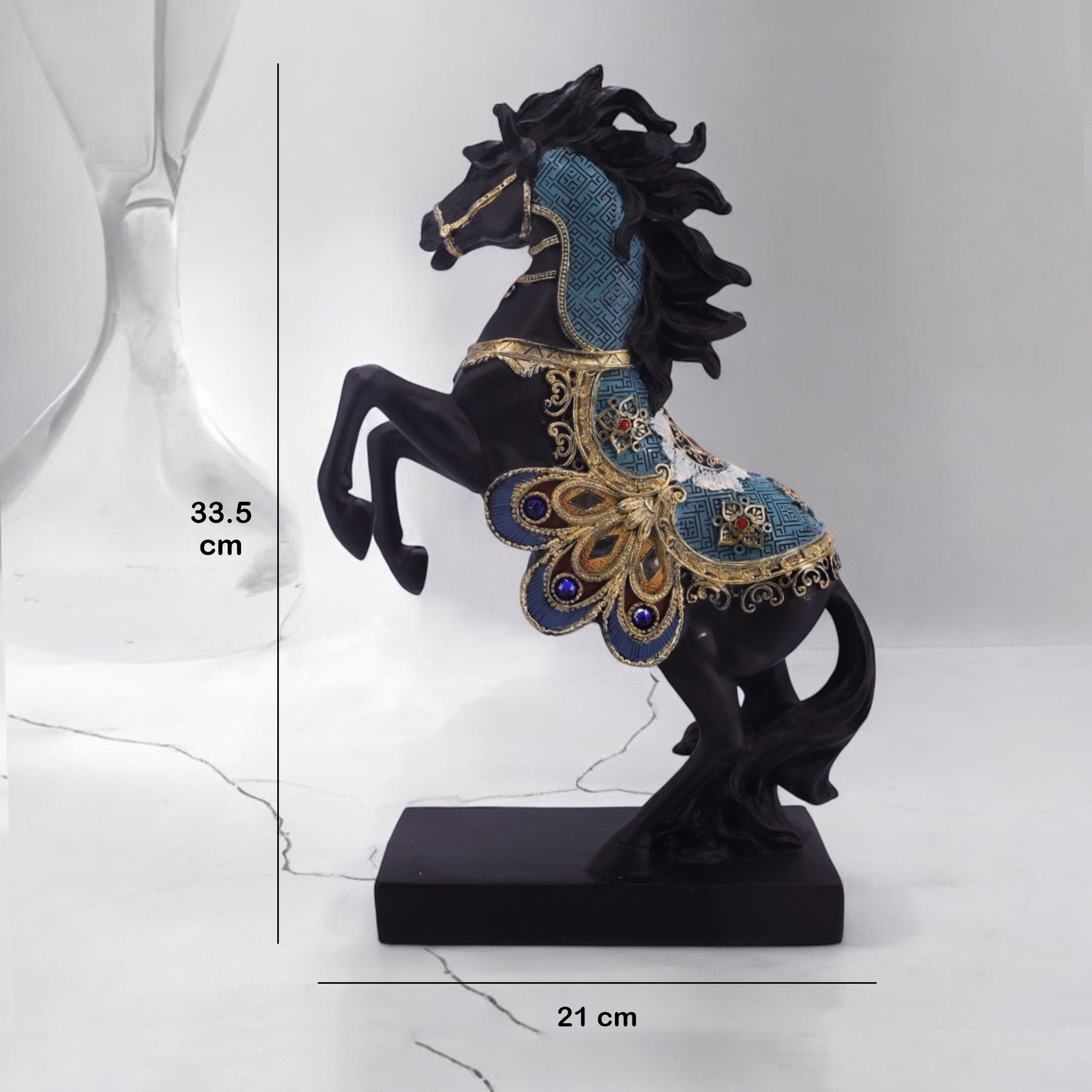 Regal Black Horse Sculpture with Turquoise Accents | Rearing Stallion Art Statue | 33.5cm Luxury Home Decor - Divine Dekor