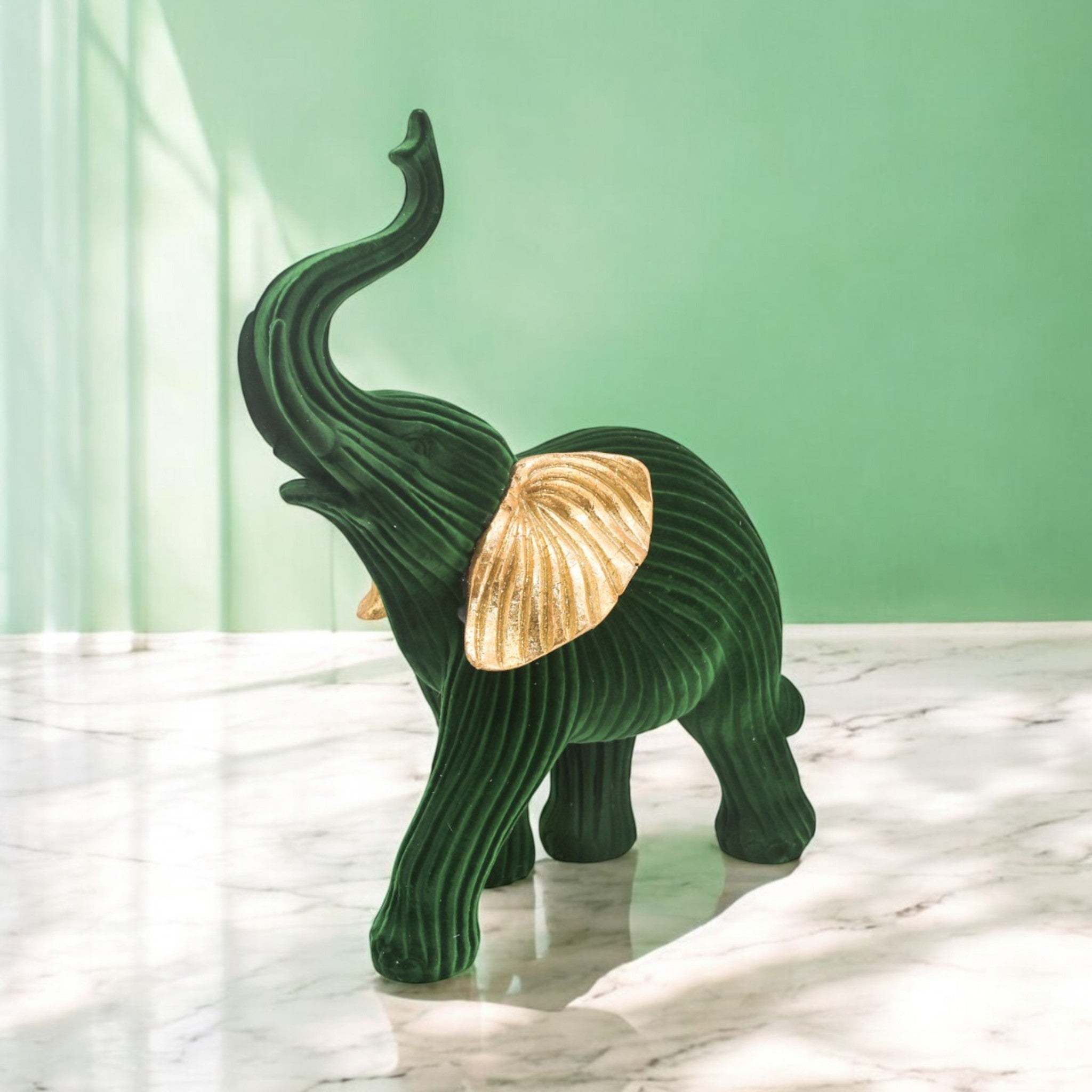 Velvet Green Elephant Sculpture | Modern Art Decor | 28cm Gold-Accented Statue