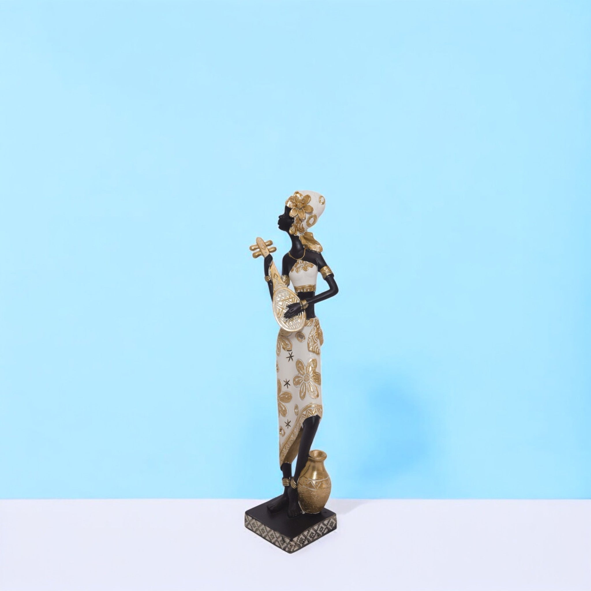 African Lady Sculpture in Traditional Dress | Golden Art Statue | 31.5cm Luxury Cultural Decor - Divine Dekor