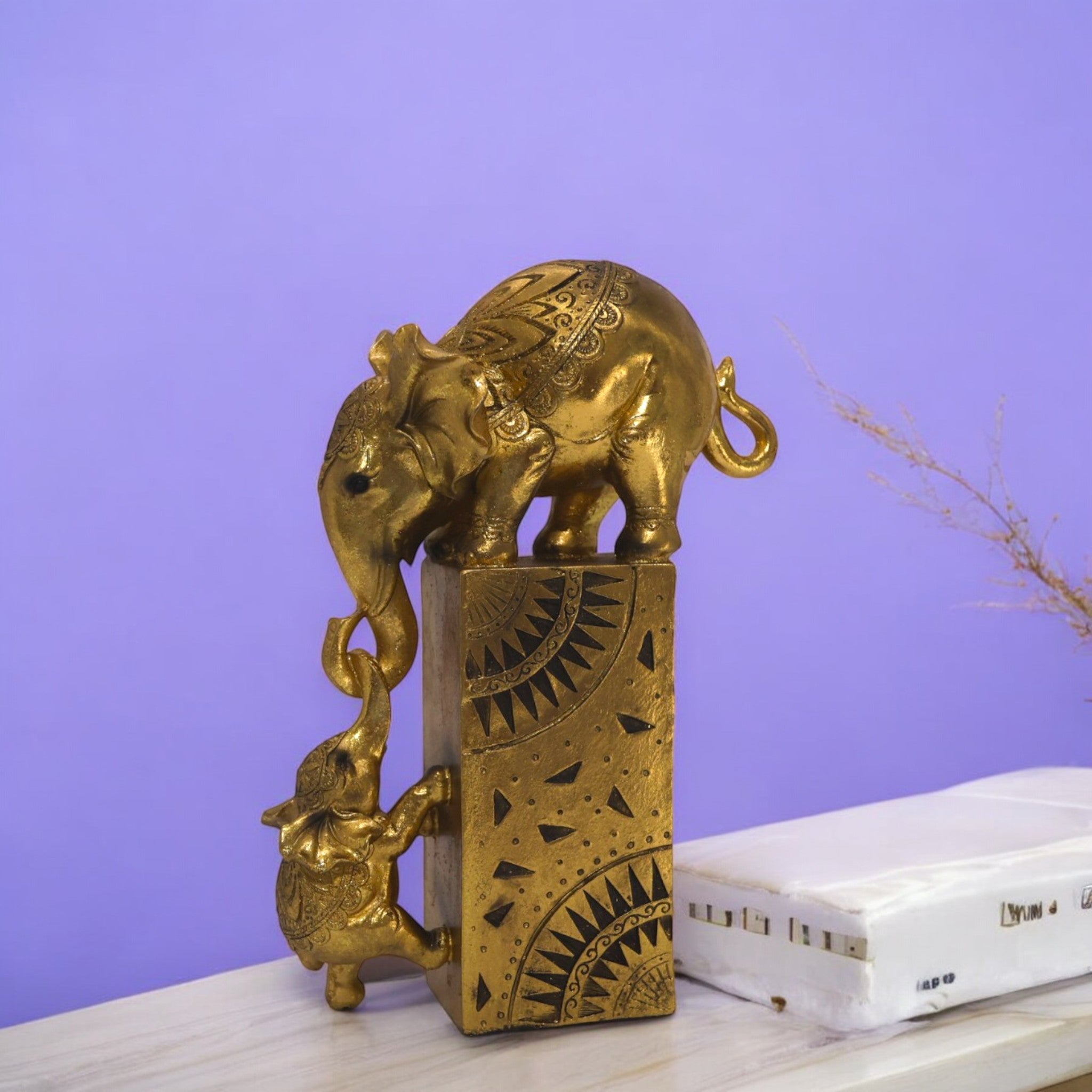 Divine Dekor’s Modern Golden Elephant Sculpture 28cm | Abstract Art Statue | Luxury Feng Shui Decor | Divine Dekor