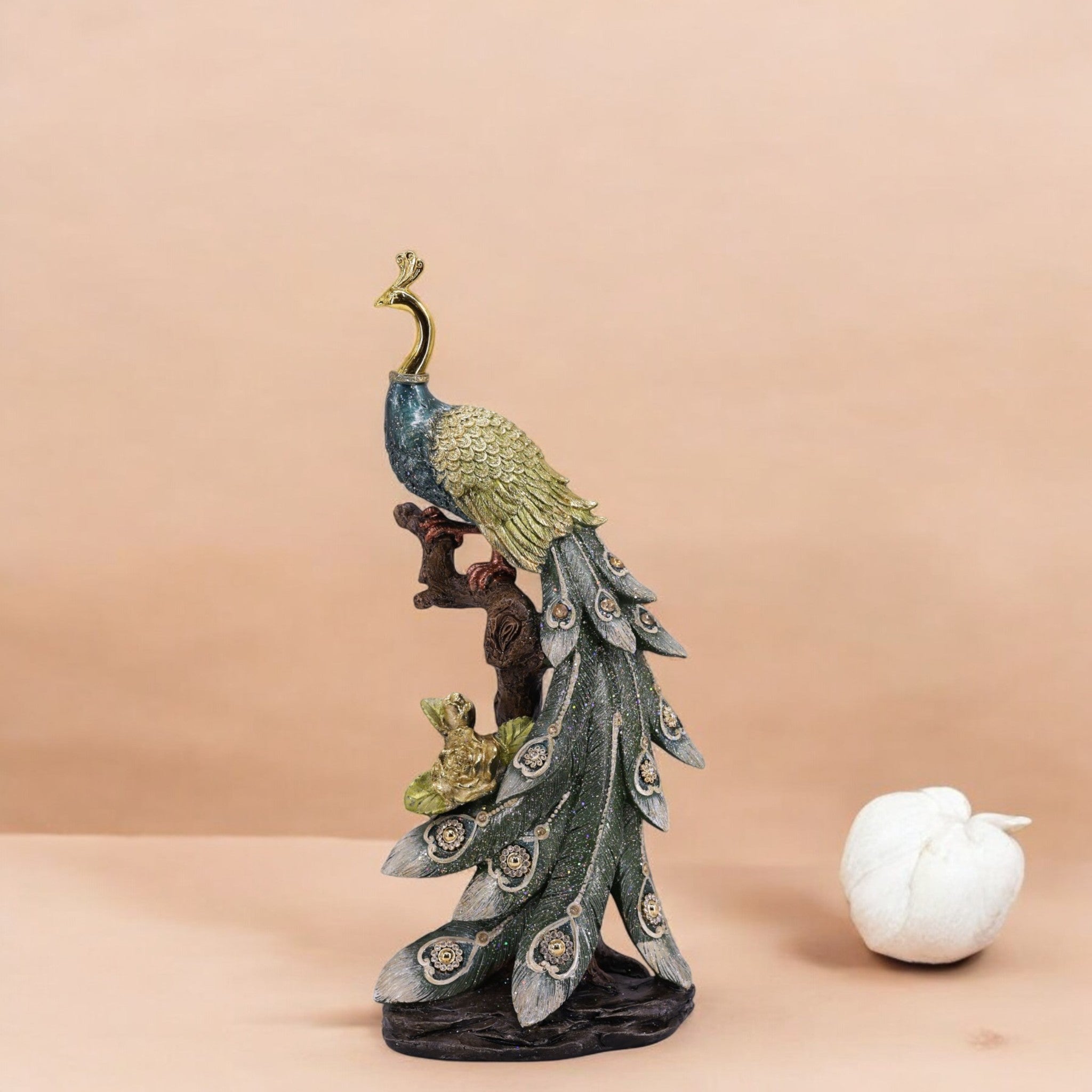 Elegant Peacock Tealight Holder 39cm | Green & Gold Resin Candle Stand | Luxury Bird Decor | Divine Dekor