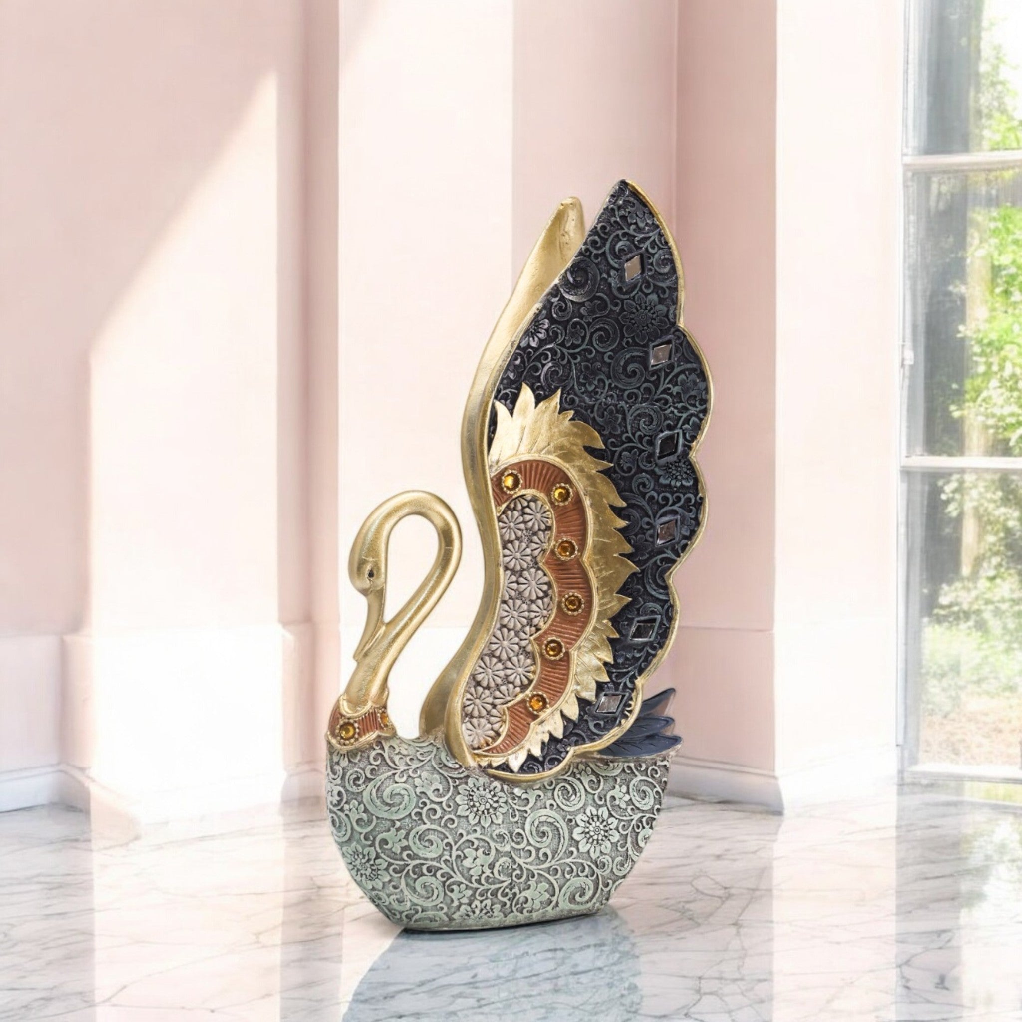 Luxurious Swan Sculpture | Gold Wing & Silver Body Art Statue | 27cm Premium Home Decor - Divine Dekor