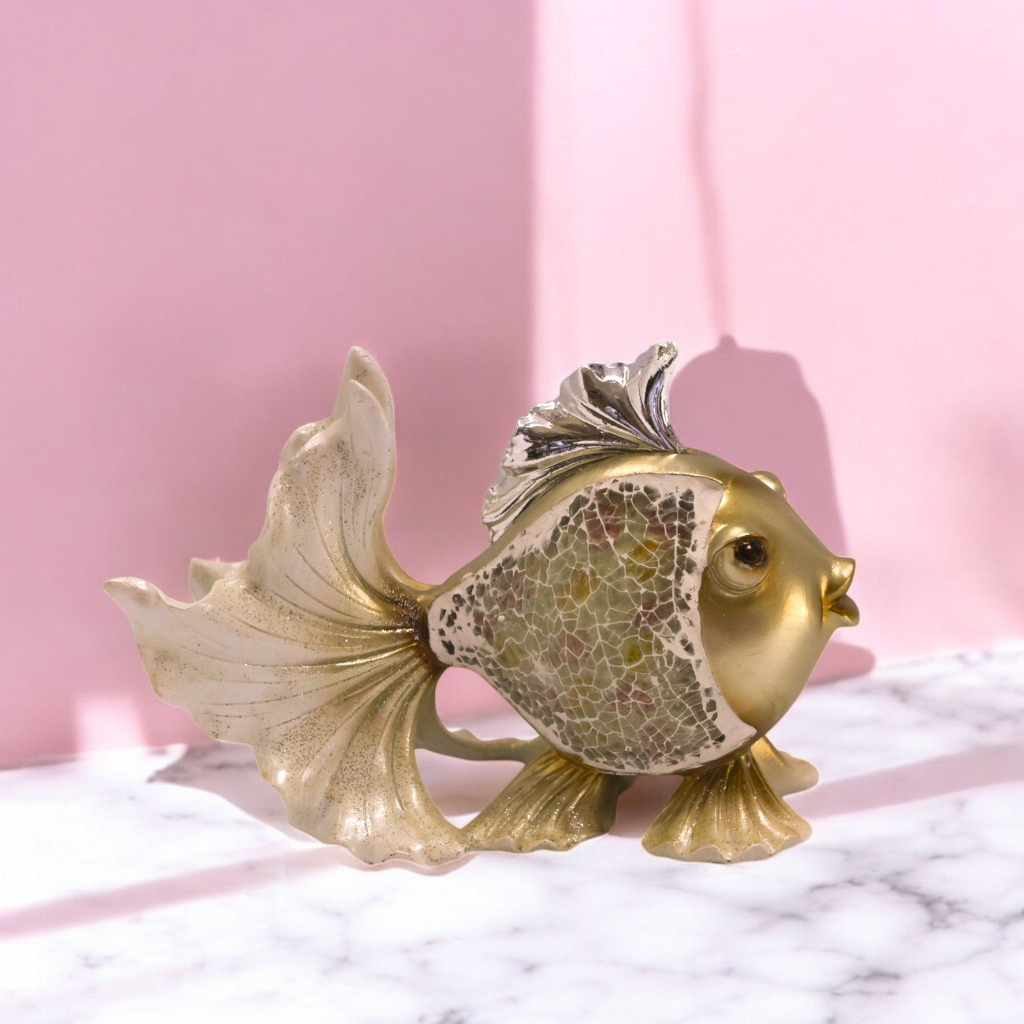 Luxury Golden Fantail Fish Sculpture | Flowing Fin Art Statue | 21cm Feng Shui Home Decor - Divine Dekor