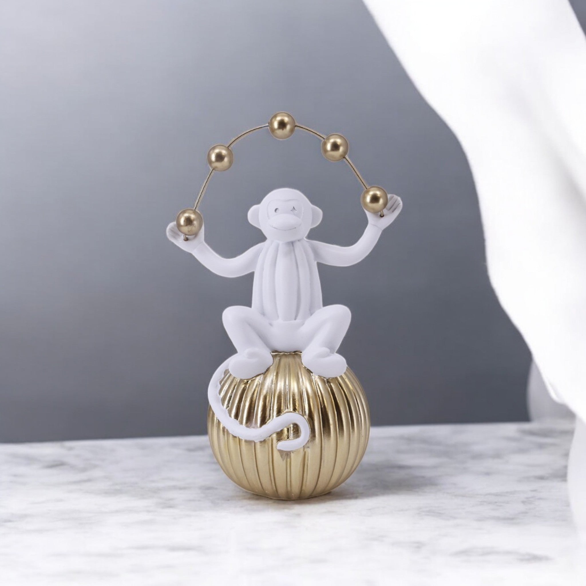 Whimsical Juggling Monkey Sculpture | White & Gold Art Statue | 28.7cm Modern Home Decor - Divine Dekor