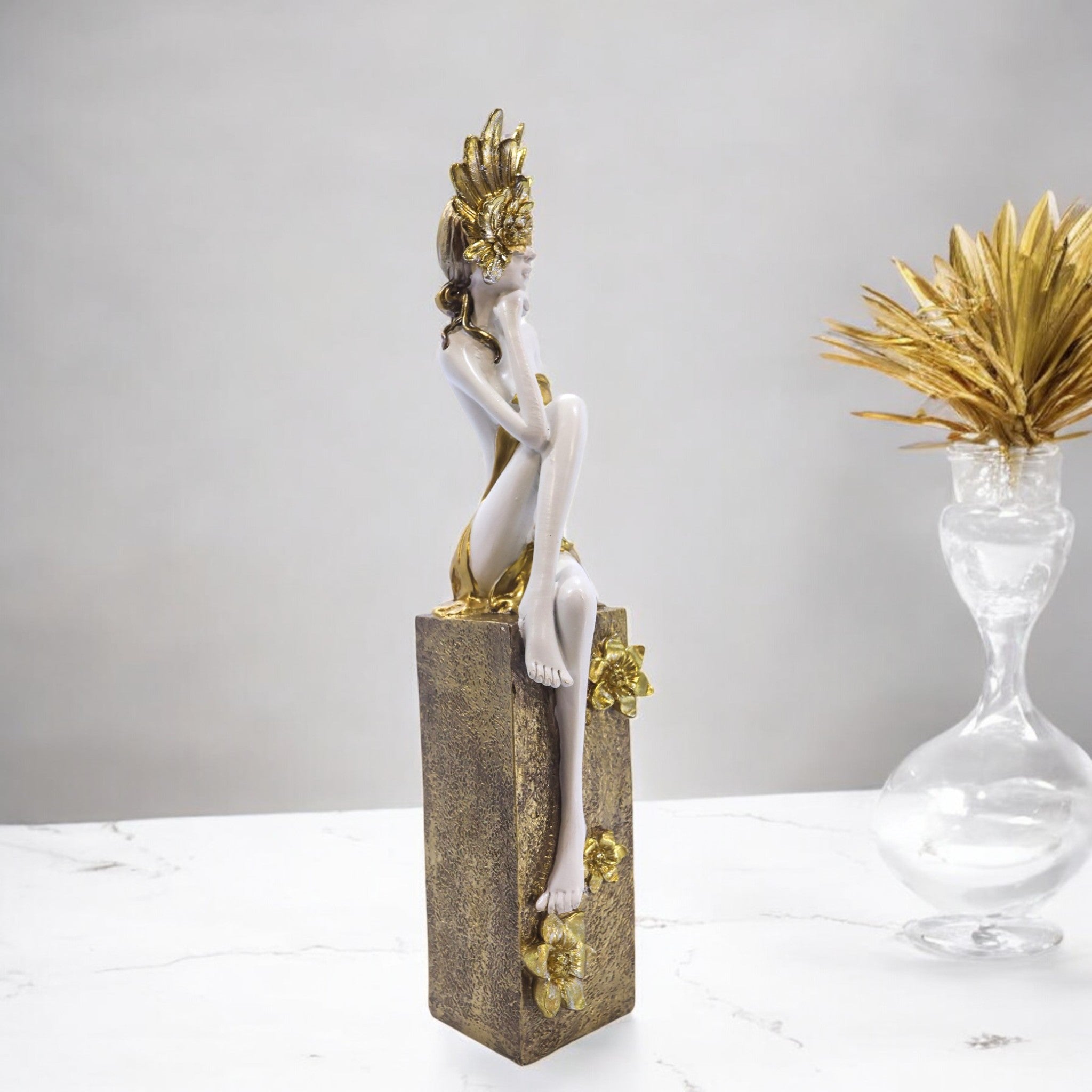 Elegant Lady Sculpture with Golden Base | Modern White Art Statue | 47cm Luxury Home Decor - Divine Dekor