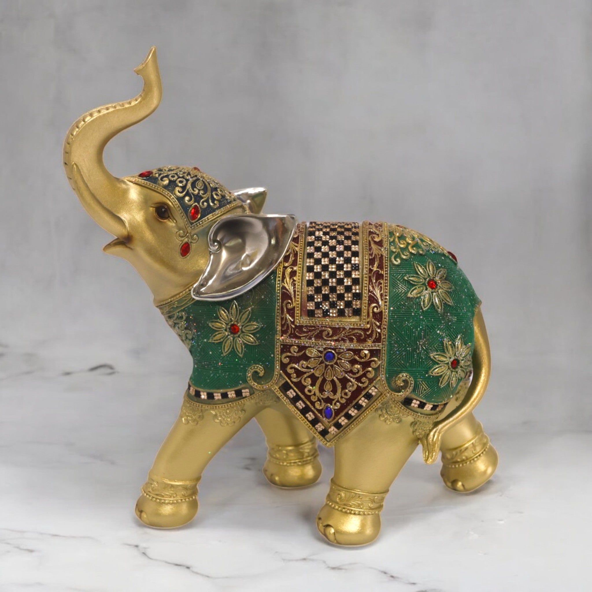 Divine Dekor Royal Elephant Statue - Large Emerald & Gold Luxury Home Decor