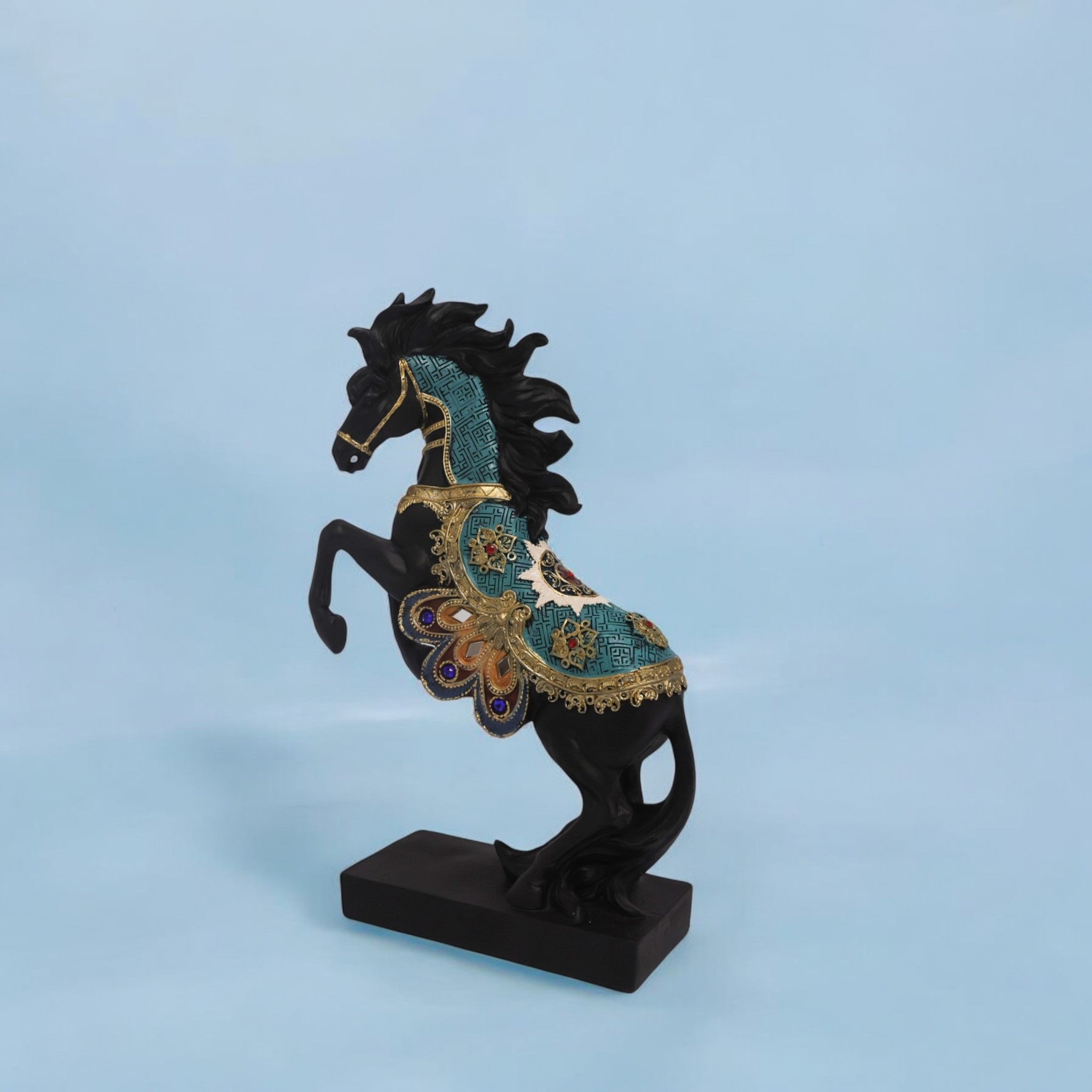 Majestic Black Horse Sculpture with Turquoise Accents | Rearing Stallion Art Statue | 30cm Premium Home Decor - Divine Dekor