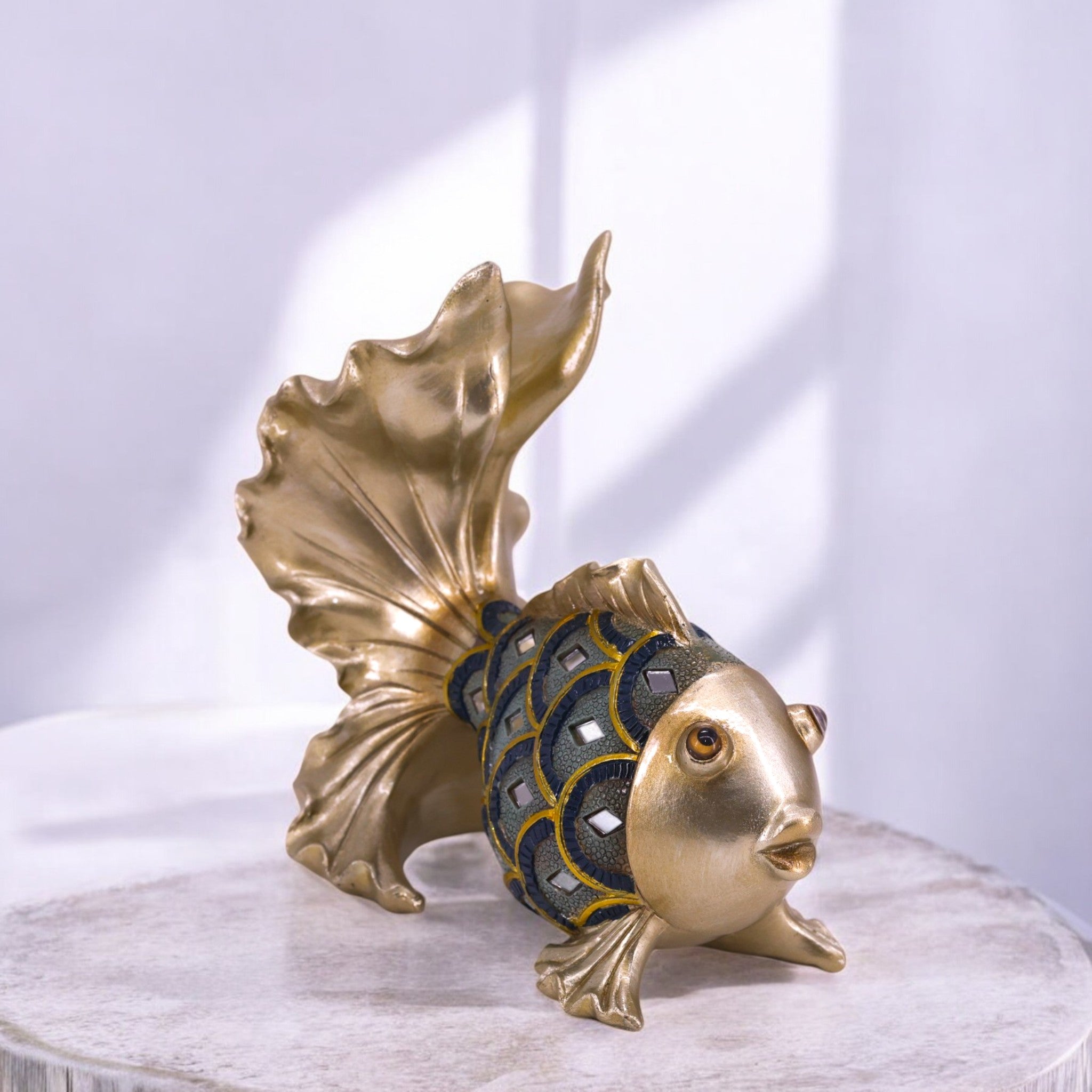 Luxurious Golden Koi Fish Sculpture | Blue Crystal Accents | Feng Shui Decorative Art | Divine Dekor