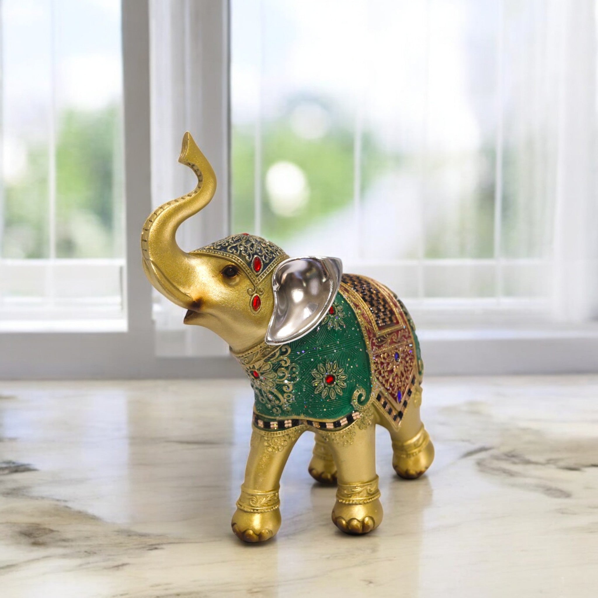 Divine Dekor Royal Elephant Statue - Emerald & Gold Prosperity Decor