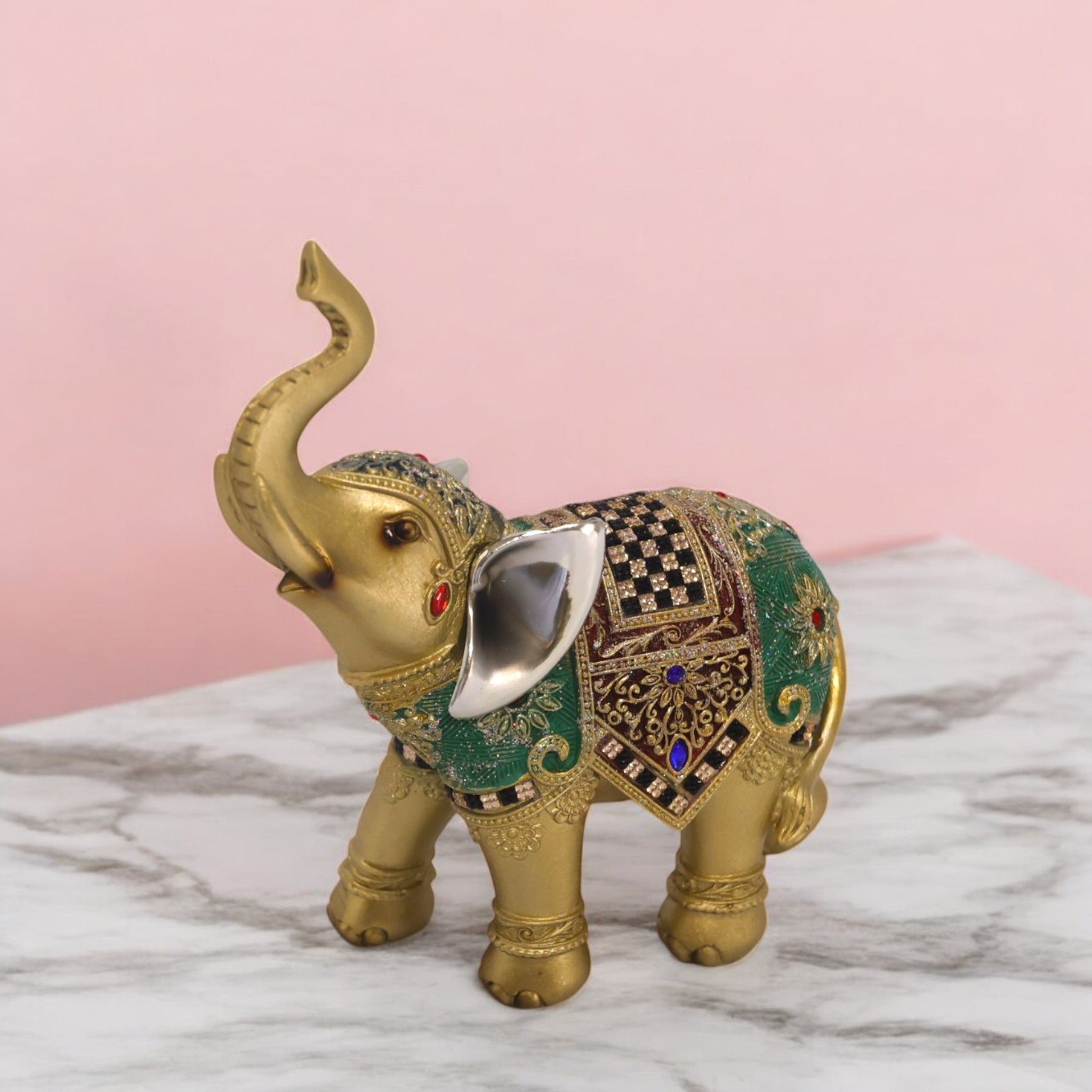 Divine Dekor Bejeweled Elephant Statue - Turquoise & Gold Resin Home Decor