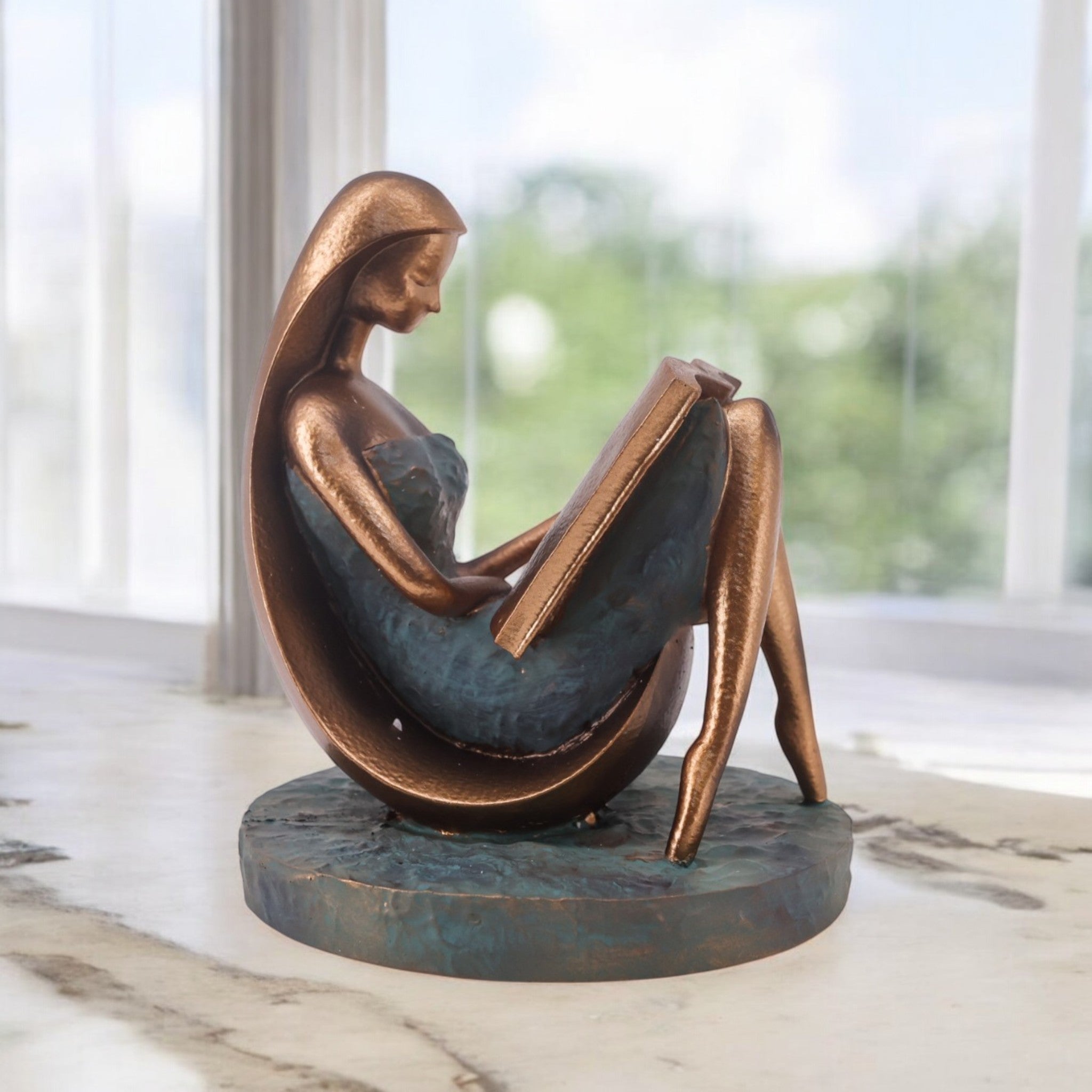 Modern Bronze Lady Sculpture | Contemplative Art Statue | 17.9cm Contemporary Home Decor - Divine Dekor